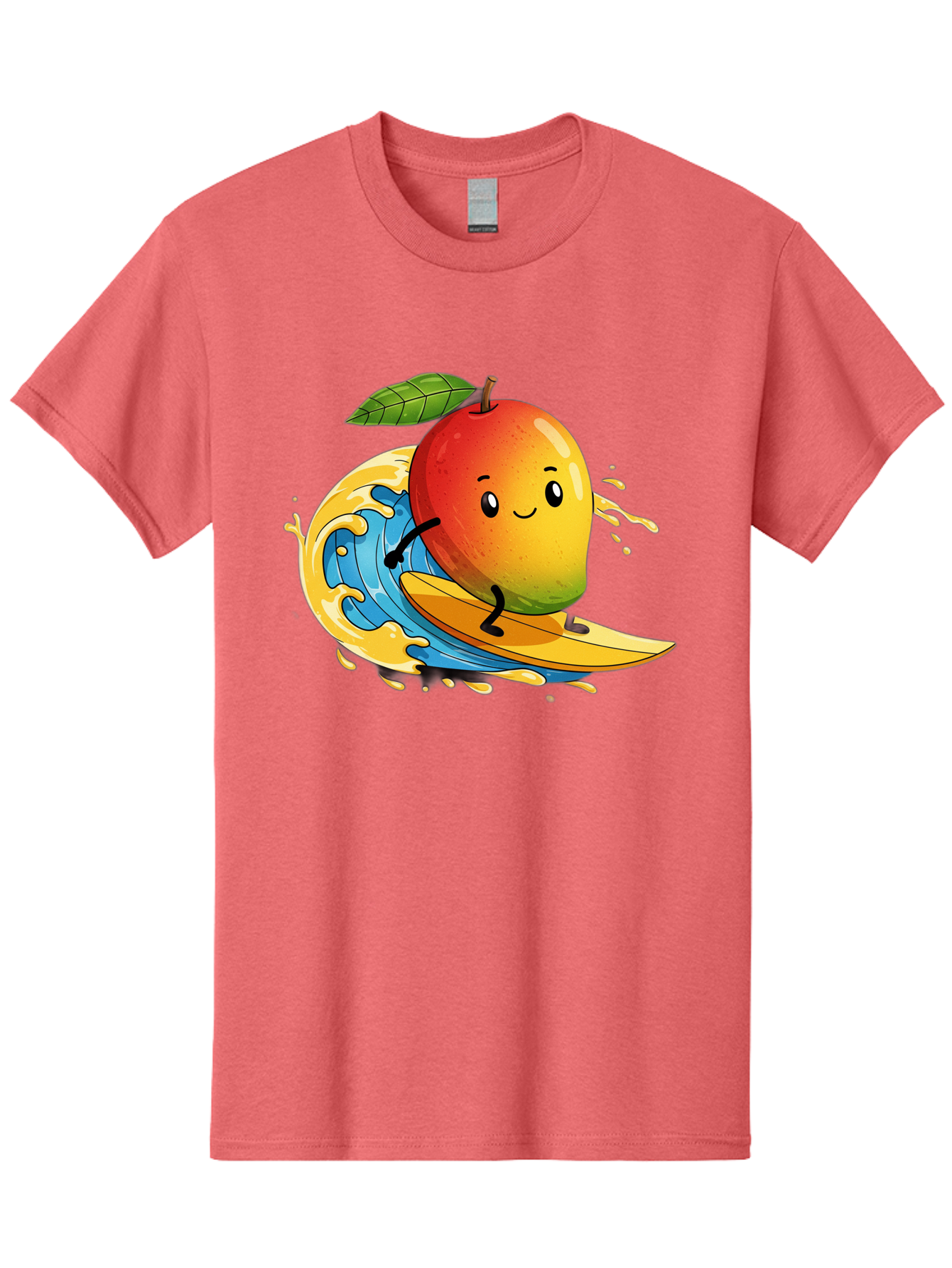 Mango-Surfing-1 Men'S Graphic Tee, 100% Cotton, Comfortable Casual Summer Wear, Machine Washable, Mango On Surfboard, Surfing Wave, Cartoon Fruit, Summer Fun, Beach Activity, Tropical Vibes, Happy Mango, Fruit Character, Playful Illustration Bac166