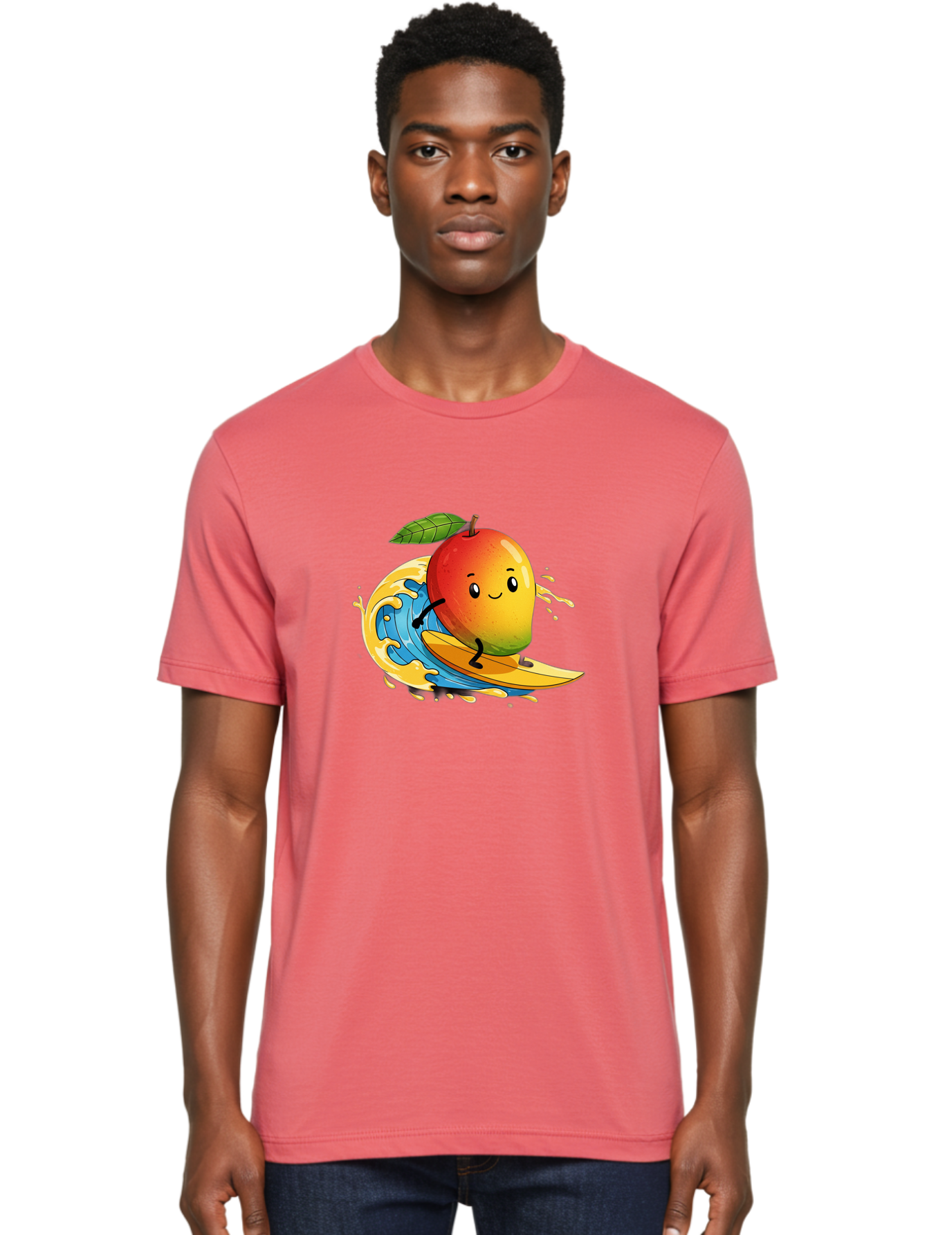 Mango-Surfing-1 Men'S Graphic Tee, 100% Cotton, Comfortable Casual Summer Wear, Machine Washable, Mango On Surfboard, Surfing Wave, Cartoon Fruit, Summer Fun, Beach Activity, Tropical Vibes, Happy Mango, Fruit Character, Playful Illustration Bac166