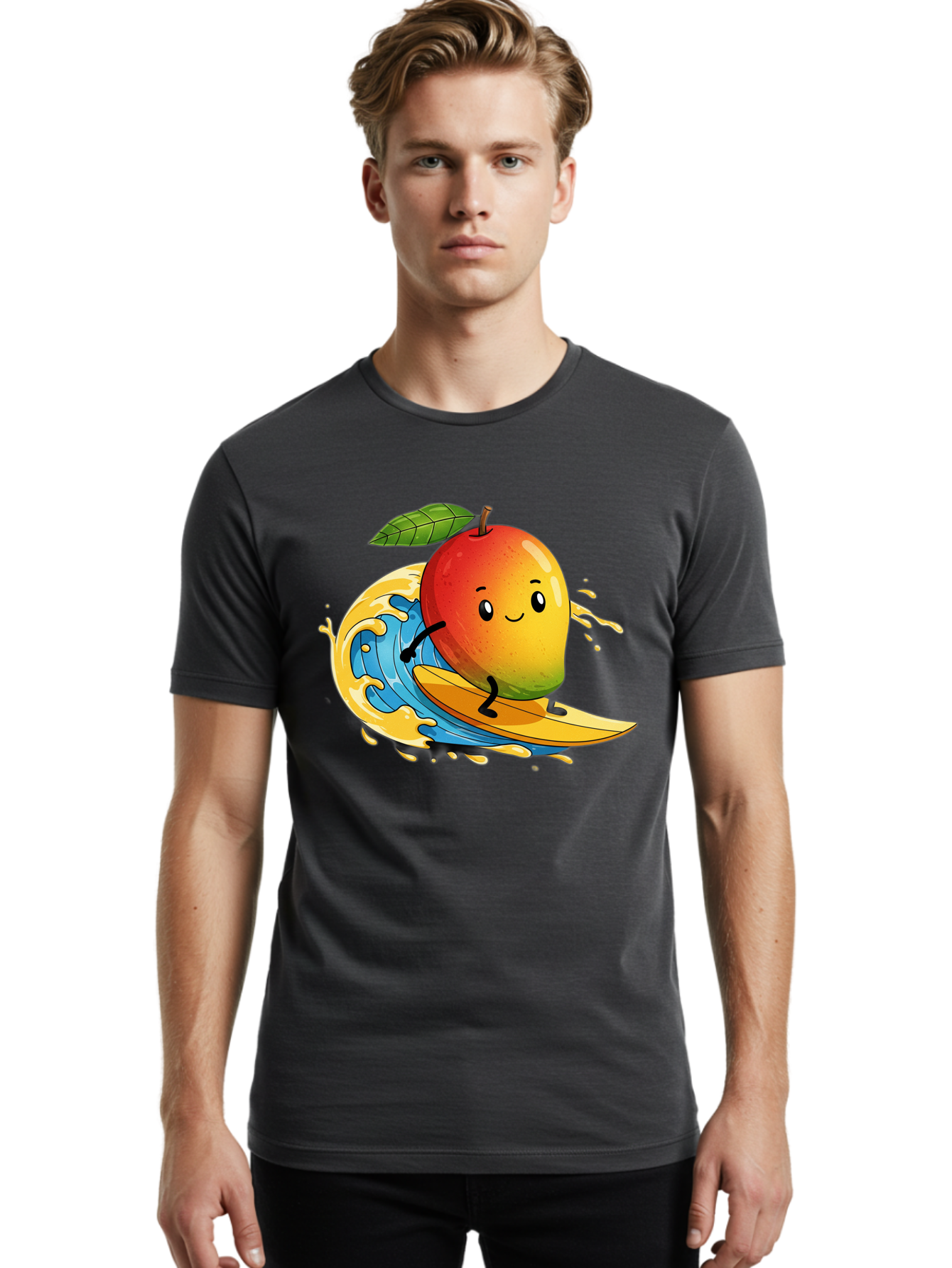 Mango-Surfing-1 Men'S Graphic Tee, 100% Cotton, Comfortable Casual Summer Wear, Machine Washable, Mango On Surfboard, Surfing Wave, Cartoon Fruit, Summer Fun, Beach Activity, Tropical Vibes, Happy Mango, Fruit Character, Playful Illustration Bac166