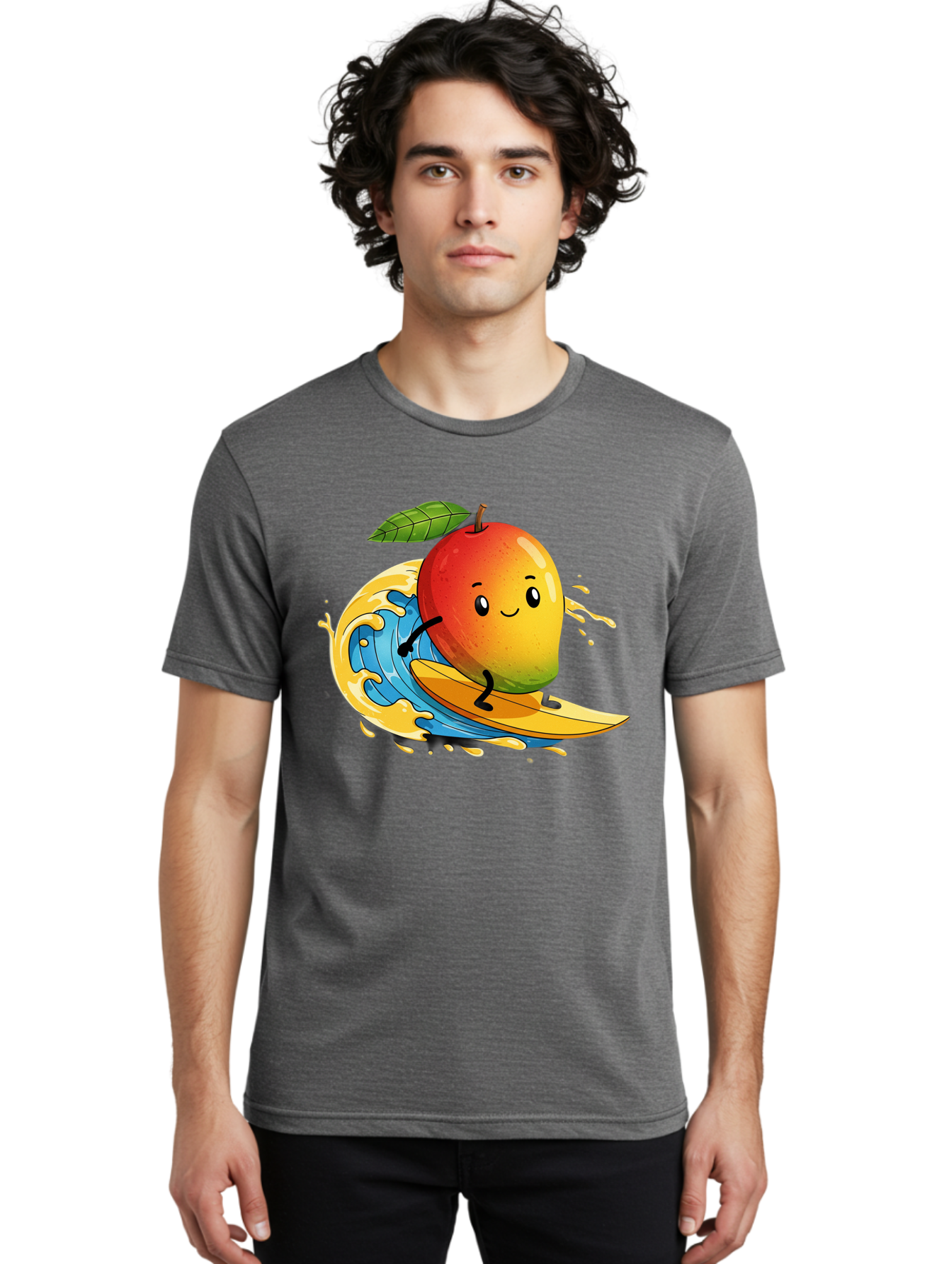 Mango-Surfing-1 Men'S Graphic Tee, 100% Cotton, Comfortable Casual Summer Wear, Machine Washable, Mango On Surfboard, Surfing Wave, Cartoon Fruit, Summer Fun, Beach Activity, Tropical Vibes, Happy Mango, Fruit Character, Playful Illustration Bac166