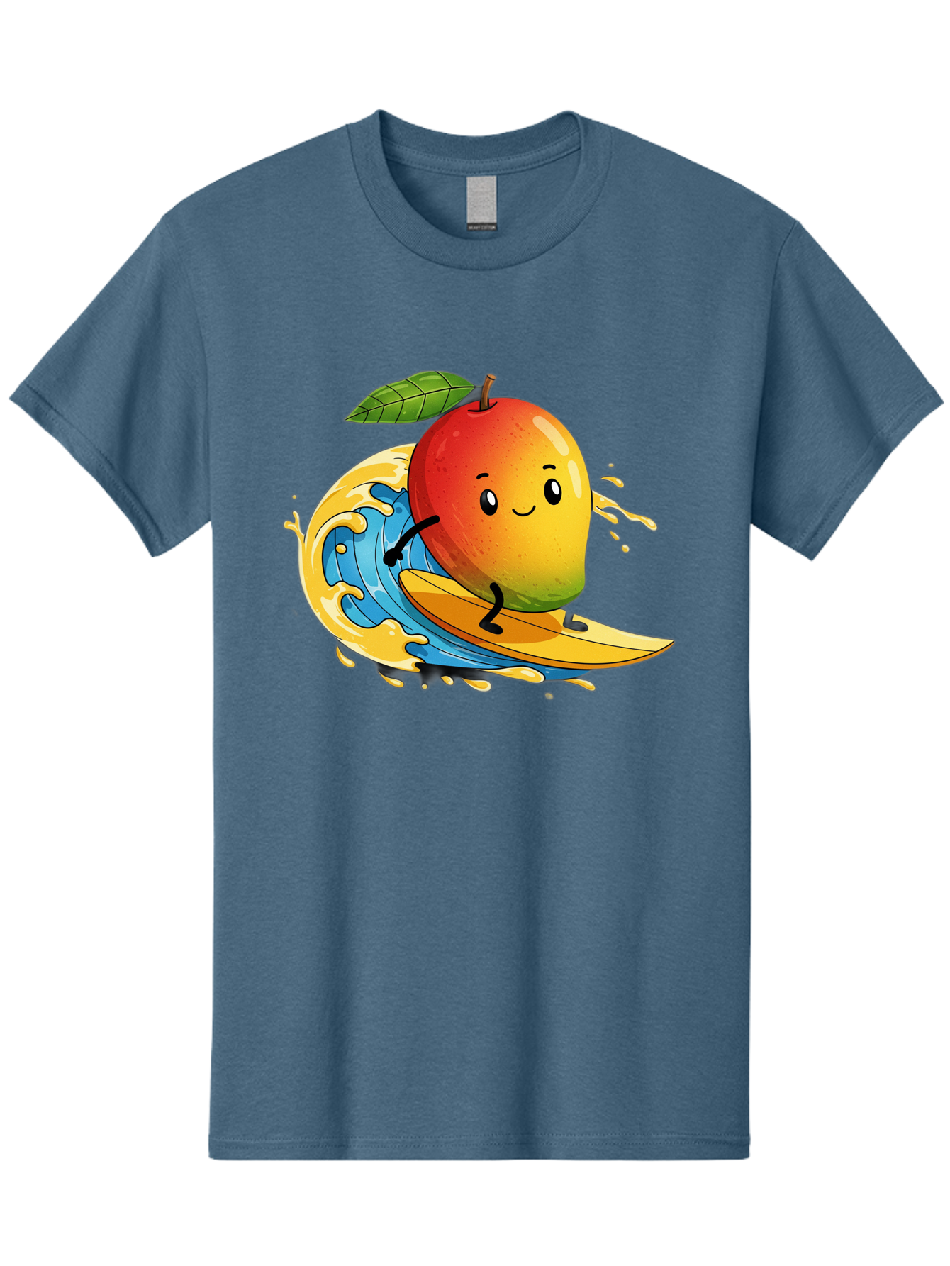 Mango-Surfing-1 Men'S Graphic Tee, 100% Cotton, Comfortable Casual Summer Wear, Machine Washable, Mango On Surfboard, Surfing Wave, Cartoon Fruit, Summer Fun, Beach Activity, Tropical Vibes, Happy Mango, Fruit Character, Playful Illustration Bac166