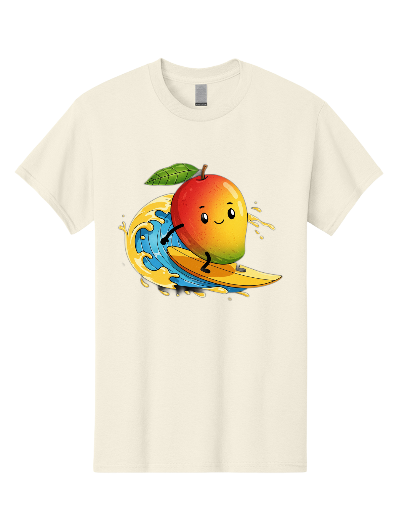 Mango-Surfing-1 Men'S Graphic Tee, 100% Cotton, Comfortable Casual Summer Wear, Machine Washable, Mango On Surfboard, Surfing Wave, Cartoon Fruit, Summer Fun, Beach Activity, Tropical Vibes, Happy Mango, Fruit Character, Playful Illustration Bac166