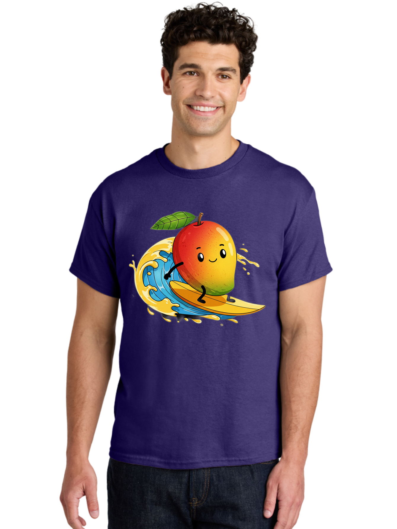 Mango-Surfing-1 Men'S Graphic Tee, 100% Cotton, Comfortable Casual Summer Wear, Machine Washable, Mango On Surfboard, Surfing Wave, Cartoon Fruit, Summer Fun, Beach Activity, Tropical Vibes, Happy Mango, Fruit Character, Playful Illustration Bac166