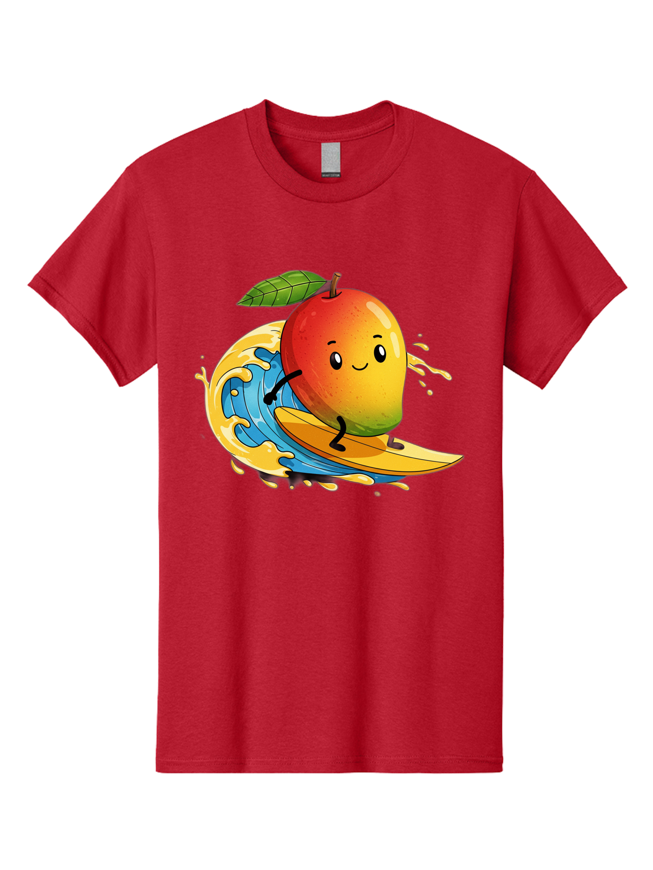 Mango-Surfing-1 Men'S Graphic Tee, 100% Cotton, Comfortable Casual Summer Wear, Machine Washable, Mango On Surfboard, Surfing Wave, Cartoon Fruit, Summer Fun, Beach Activity, Tropical Vibes, Happy Mango, Fruit Character, Playful Illustration Bac166