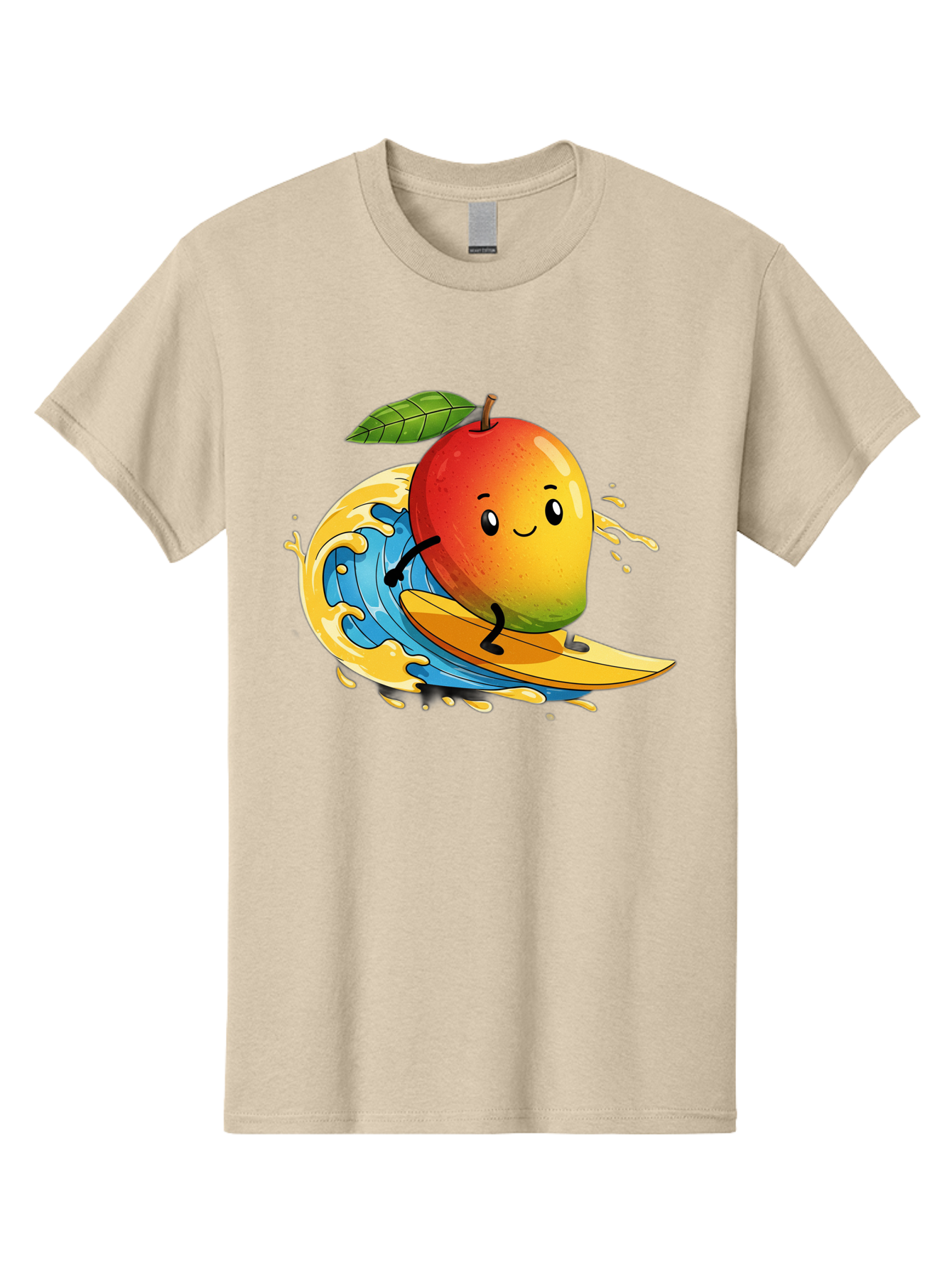 Mango-Surfing-1 Men'S Graphic Tee, 100% Cotton, Comfortable Casual Summer Wear, Machine Washable, Mango On Surfboard, Surfing Wave, Cartoon Fruit, Summer Fun, Beach Activity, Tropical Vibes, Happy Mango, Fruit Character, Playful Illustration Bac166