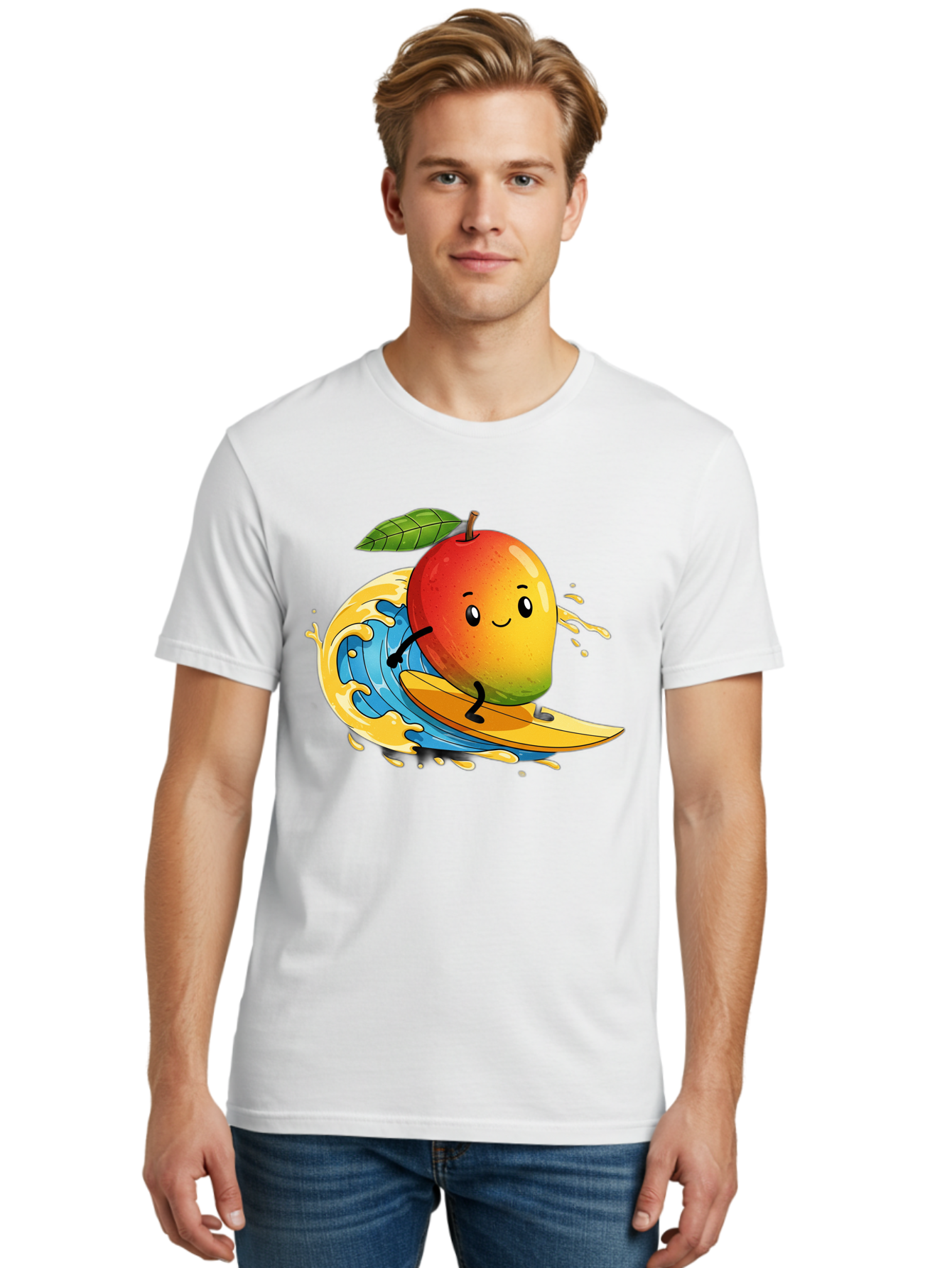 Mango-Surfing-1 Men'S Graphic Tee, 100% Cotton, Comfortable Casual Summer Wear, Machine Washable, Mango On Surfboard, Surfing Wave, Cartoon Fruit, Summer Fun, Beach Activity, Tropical Vibes, Happy Mango, Fruit Character, Playful Illustration Bac166