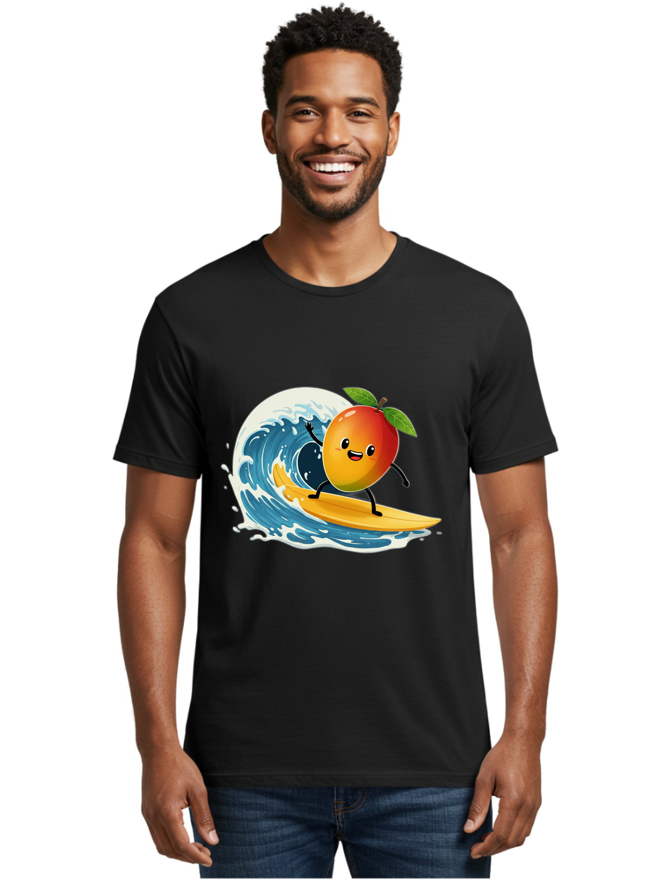 Mango-Surfing Men'S Graphic Tee, 100% Cotton, Comfortable Casual Summer Wear, Machine Washable, Cartoon Mango, Surfing Wave, Happy Face, Beach Fun, Summer Vibes, Ocean Wave, Surfing Cartoon, Playful Character, Cute Illustration Bac167