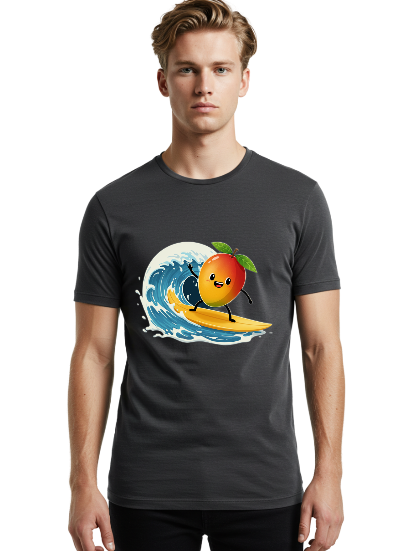 Mango-Surfing Men'S Graphic Tee, 100% Cotton, Comfortable Casual Summer Wear, Machine Washable, Cartoon Mango, Surfing Wave, Happy Face, Beach Fun, Summer Vibes, Ocean Wave, Surfing Cartoon, Playful Character, Cute Illustration Bac167