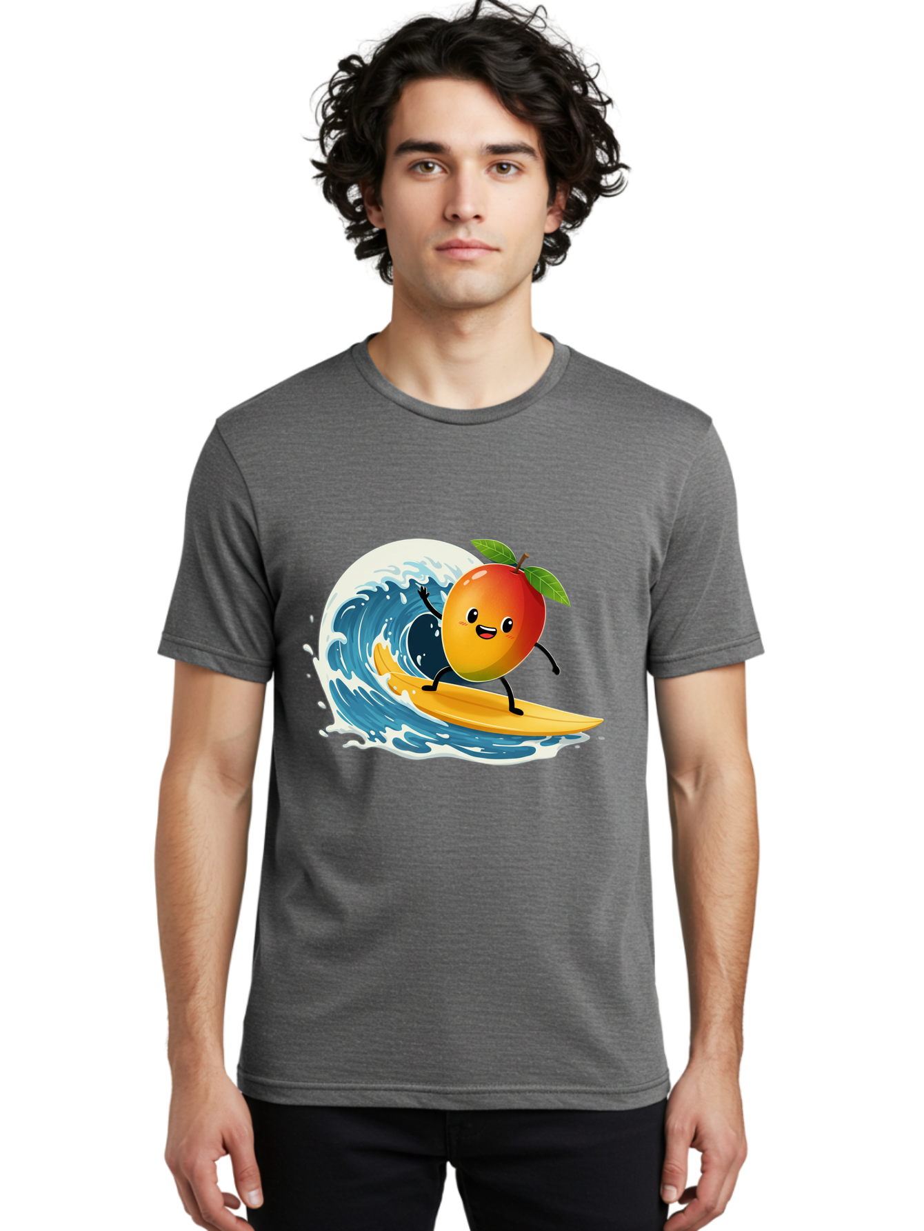 Mango-Surfing Men'S Graphic Tee, 100% Cotton, Comfortable Casual Summer Wear, Machine Washable, Cartoon Mango, Surfing Wave, Happy Face, Beach Fun, Summer Vibes, Ocean Wave, Surfing Cartoon, Playful Character, Cute Illustration Bac167