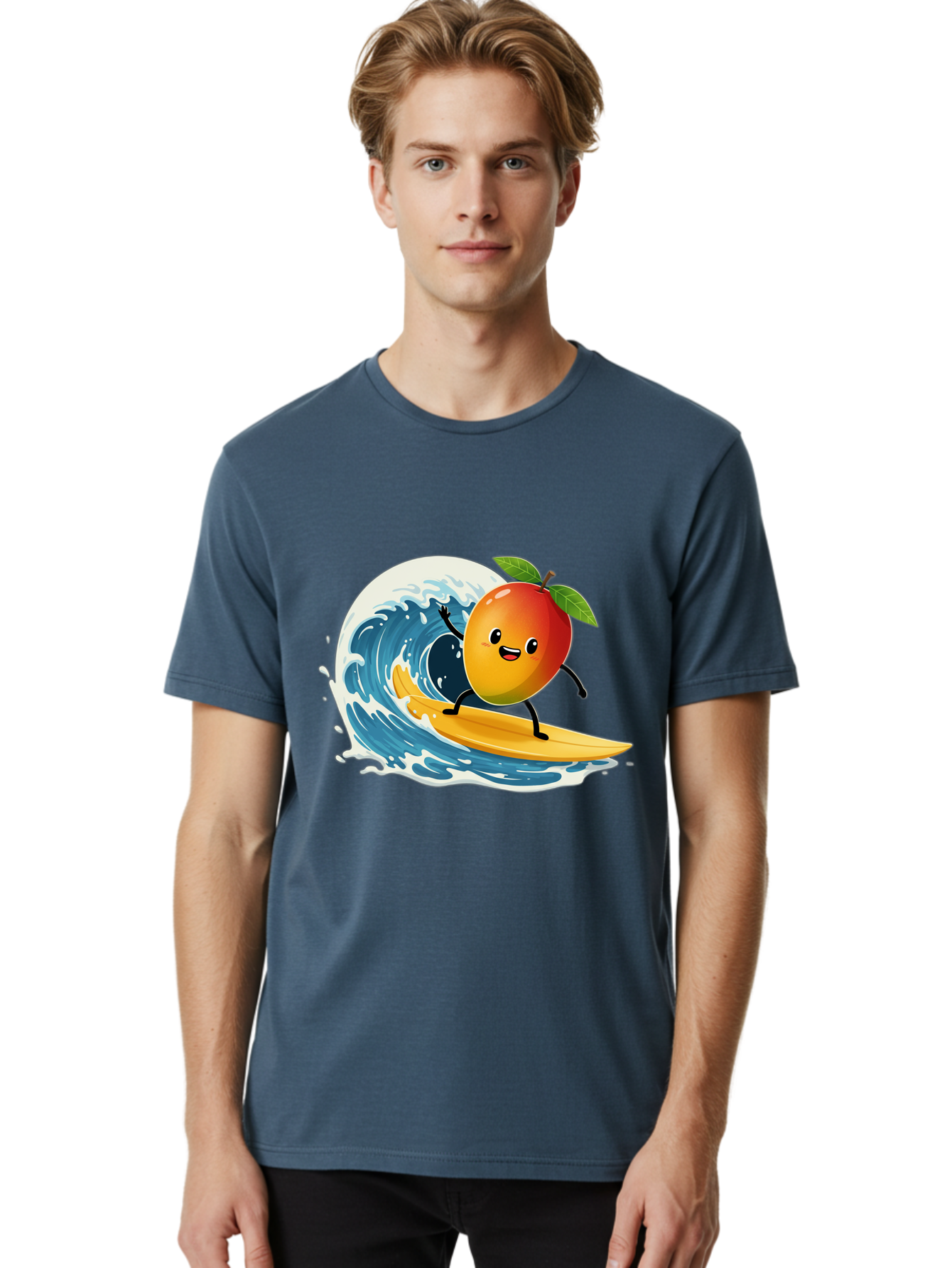 Mango-Surfing Men'S Graphic Tee, 100% Cotton, Comfortable Casual Summer Wear, Machine Washable, Cartoon Mango, Surfing Wave, Happy Face, Beach Fun, Summer Vibes, Ocean Wave, Surfing Cartoon, Playful Character, Cute Illustration Bac167