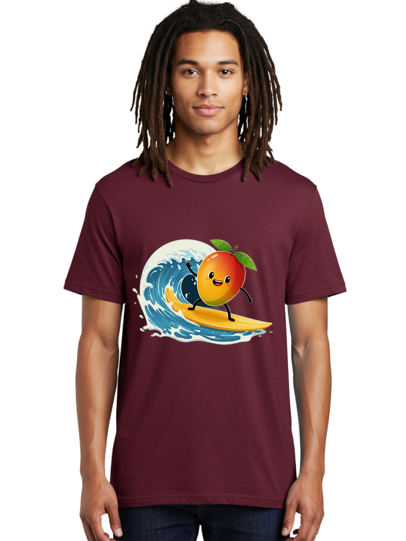 Mango-Surfing Men'S Graphic Tee, 100% Cotton, Comfortable Casual Summer Wear, Machine Washable, Cartoon Mango, Surfing Wave, Happy Face, Beach Fun, Summer Vibes, Ocean Wave, Surfing Cartoon, Playful Character, Cute Illustration Bac167