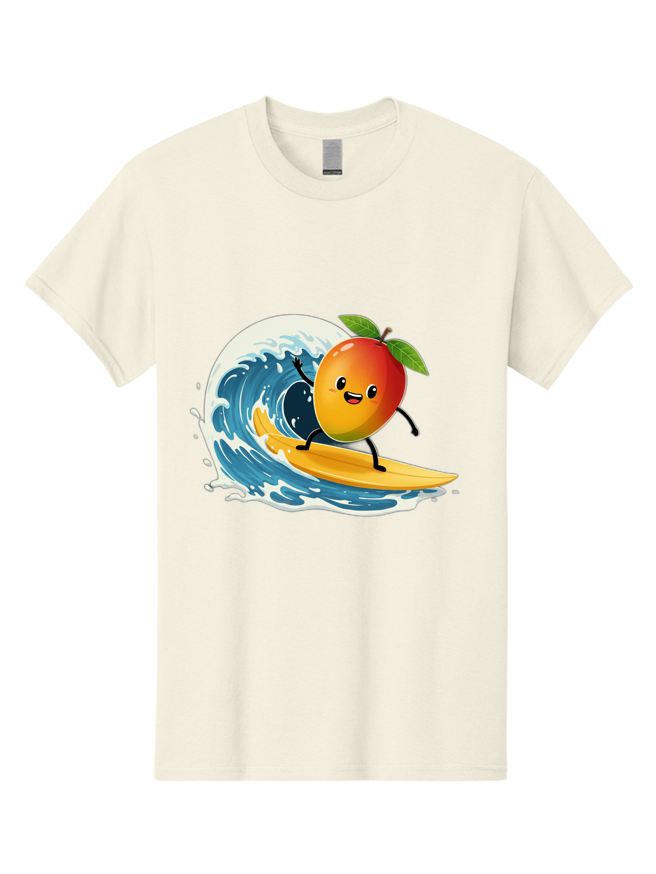 Mango-Surfing Men'S Graphic Tee, 100% Cotton, Comfortable Casual Summer Wear, Machine Washable, Cartoon Mango, Surfing Wave, Happy Face, Beach Fun, Summer Vibes, Ocean Wave, Surfing Cartoon, Playful Character, Cute Illustration Bac167