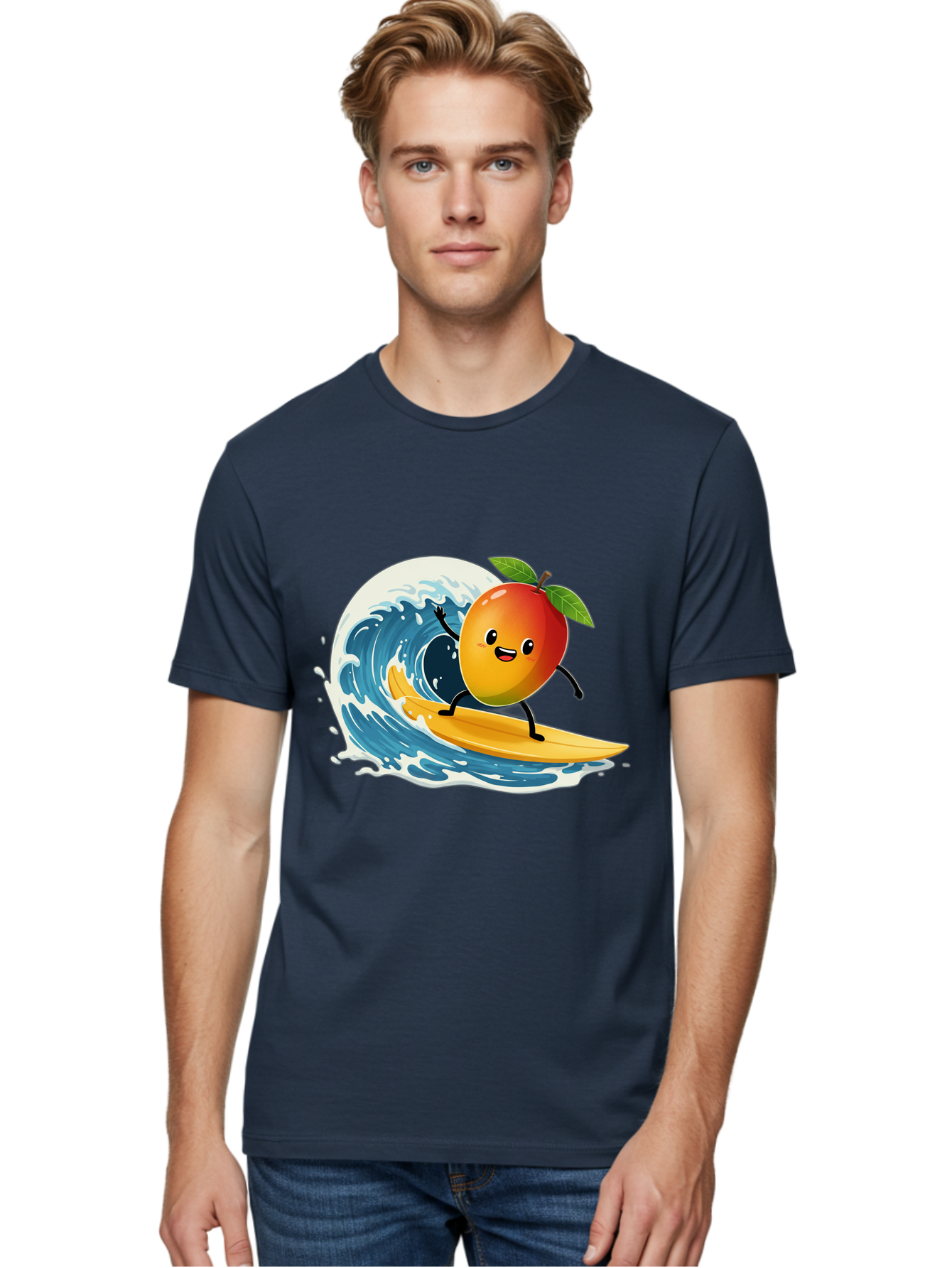 Mango-Surfing Men'S Graphic Tee, 100% Cotton, Comfortable Casual Summer Wear, Machine Washable, Cartoon Mango, Surfing Wave, Happy Face, Beach Fun, Summer Vibes, Ocean Wave, Surfing Cartoon, Playful Character, Cute Illustration Bac167
