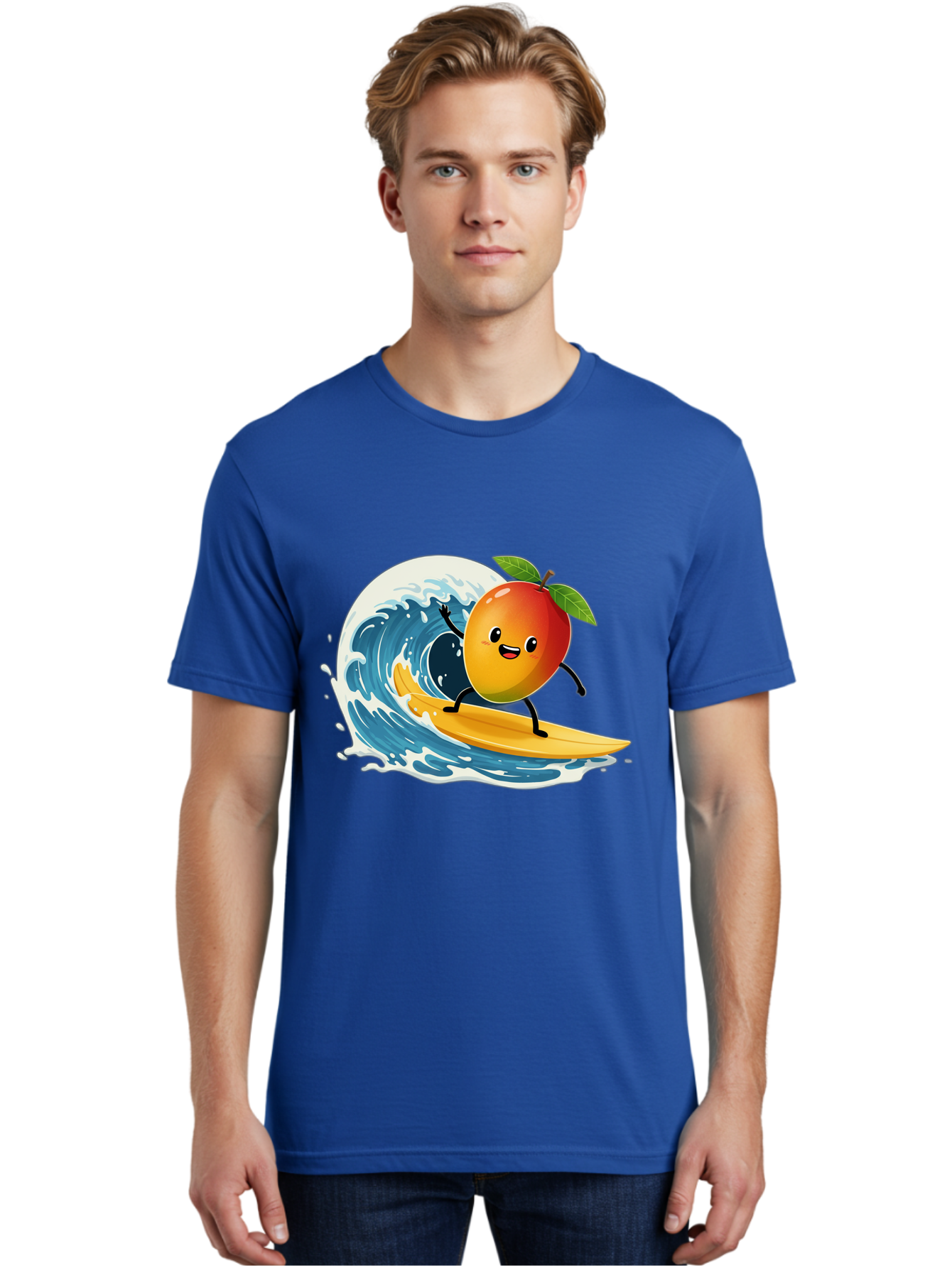 Mango-Surfing Men'S Graphic Tee, 100% Cotton, Comfortable Casual Summer Wear, Machine Washable, Cartoon Mango, Surfing Wave, Happy Face, Beach Fun, Summer Vibes, Ocean Wave, Surfing Cartoon, Playful Character, Cute Illustration Bac167