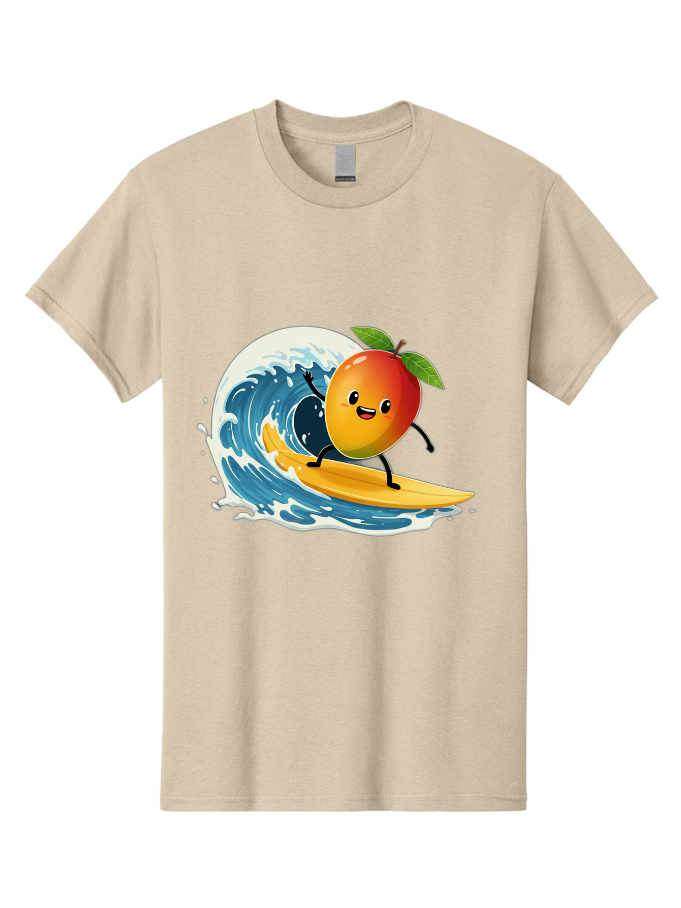 Mango-Surfing Men'S Graphic Tee, 100% Cotton, Comfortable Casual Summer Wear, Machine Washable, Cartoon Mango, Surfing Wave, Happy Face, Beach Fun, Summer Vibes, Ocean Wave, Surfing Cartoon, Playful Character, Cute Illustration Bac167