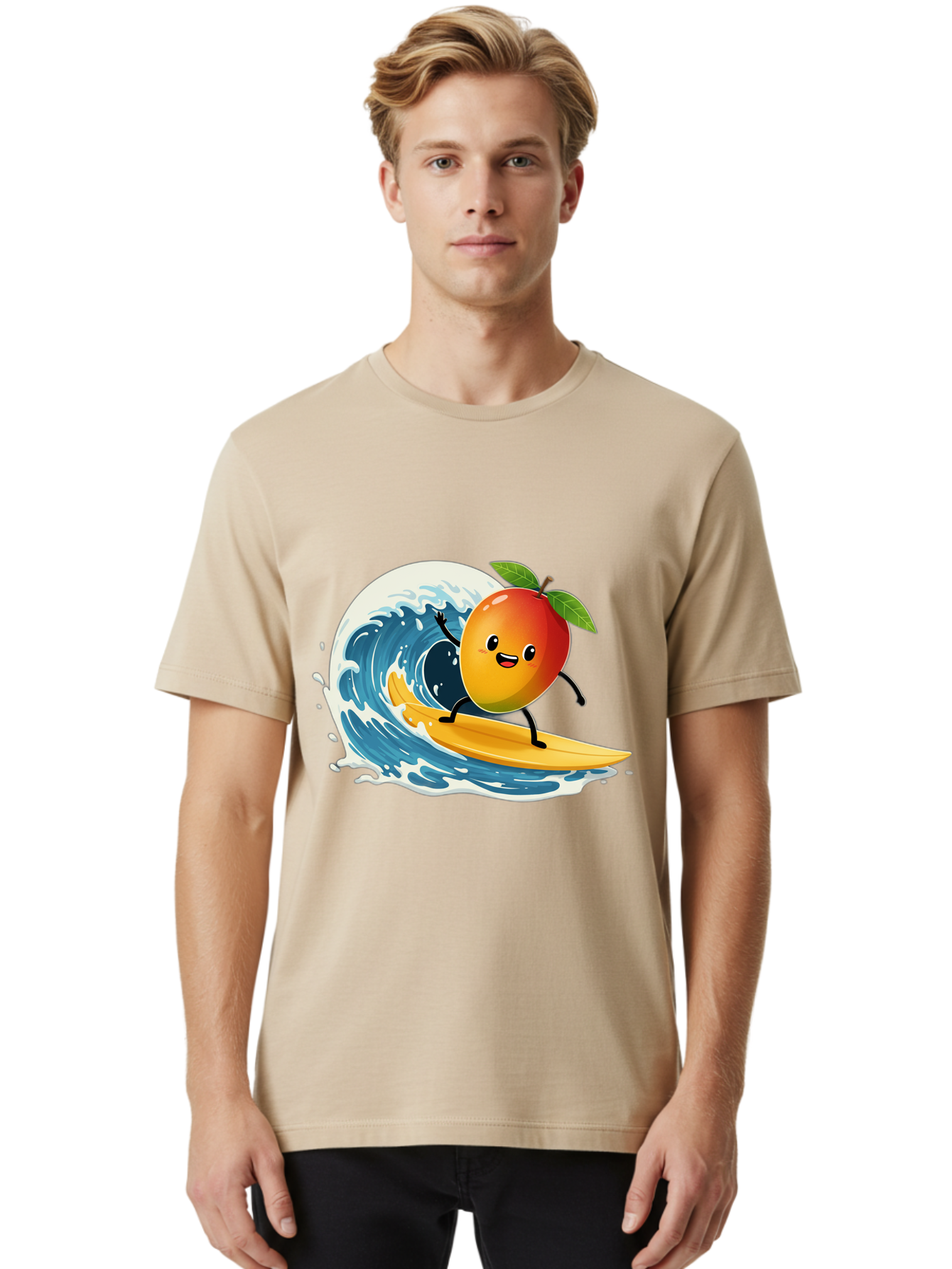 Mango-Surfing Men'S Graphic Tee, 100% Cotton, Comfortable Casual Summer Wear, Machine Washable, Cartoon Mango, Surfing Wave, Happy Face, Beach Fun, Summer Vibes, Ocean Wave, Surfing Cartoon, Playful Character, Cute Illustration Bac167