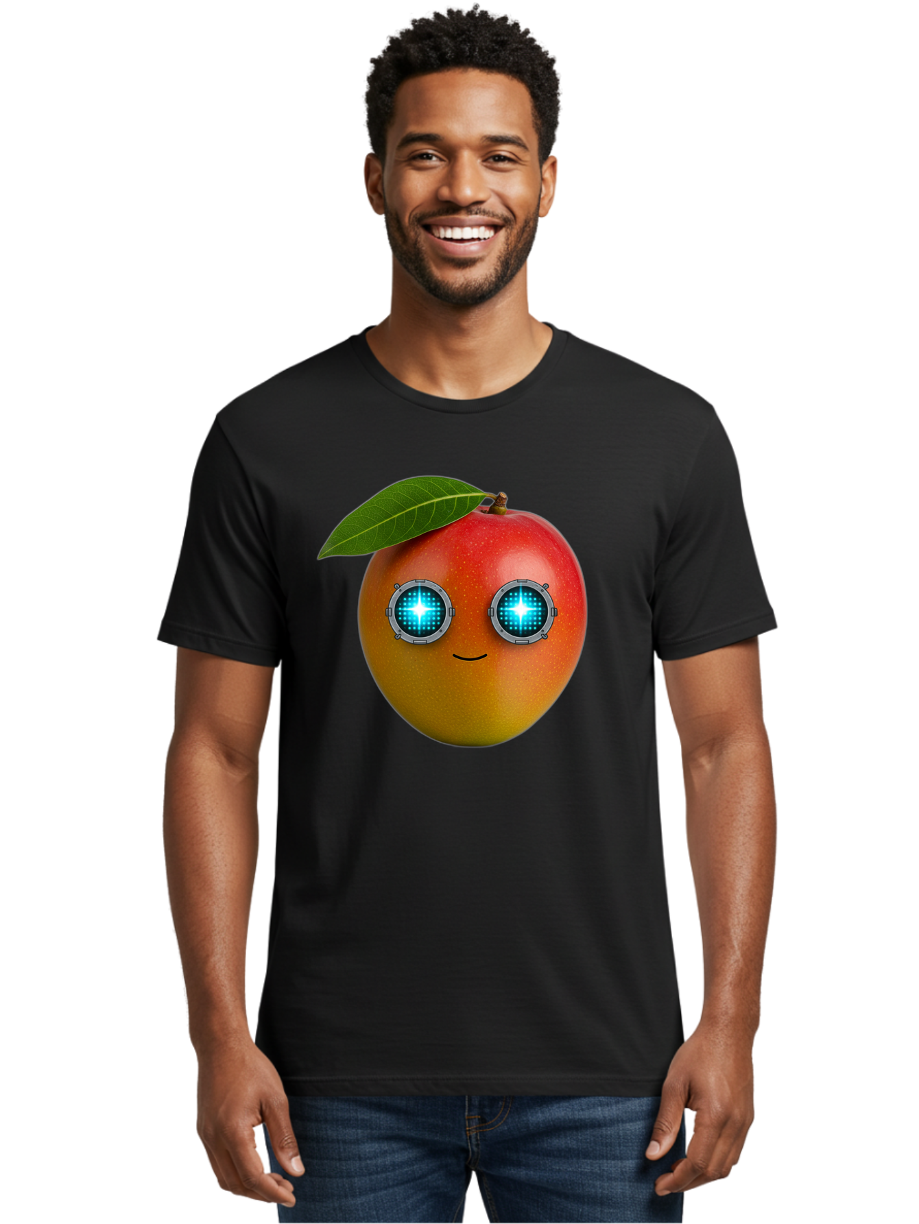 Mango-With-Cyborg-Eyes Men'S Graphic Tee, 100% Cotton, Comfortable Casual Summer Wear, Machine Washable, Mango Fruit, Robotic Eyes, Cyborg Fruit, Digital Eyes, Futuristic Design, Tech-Inspired Artwork, Fruit Character, Robotic Vision, Bac168