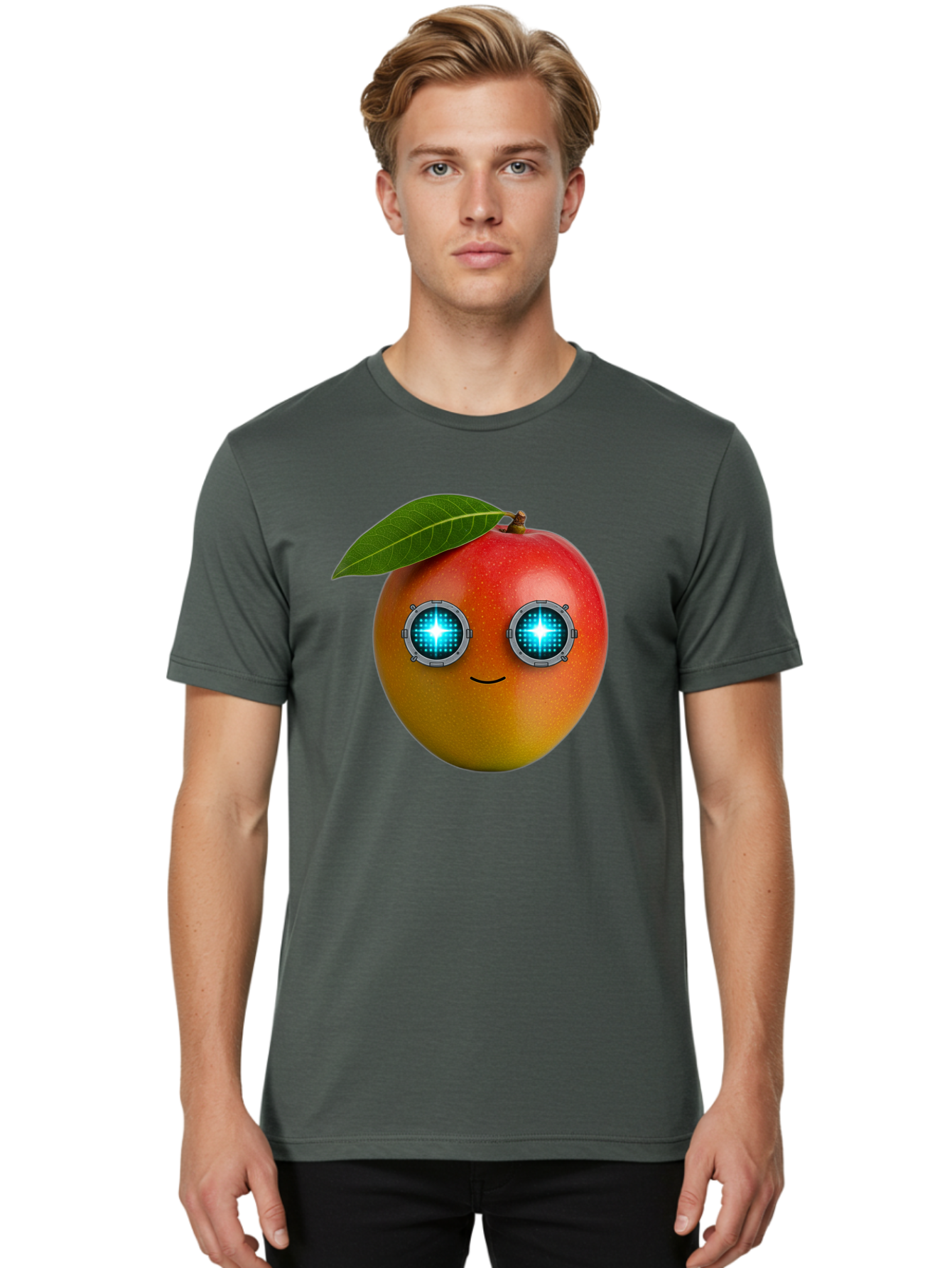Mango-With-Cyborg-Eyes Men'S Graphic Tee, 100% Cotton, Comfortable Casual Summer Wear, Machine Washable, Mango Fruit, Robotic Eyes, Cyborg Fruit, Digital Eyes, Futuristic Design, Tech-Inspired Artwork, Fruit Character, Robotic Vision, Bac168
