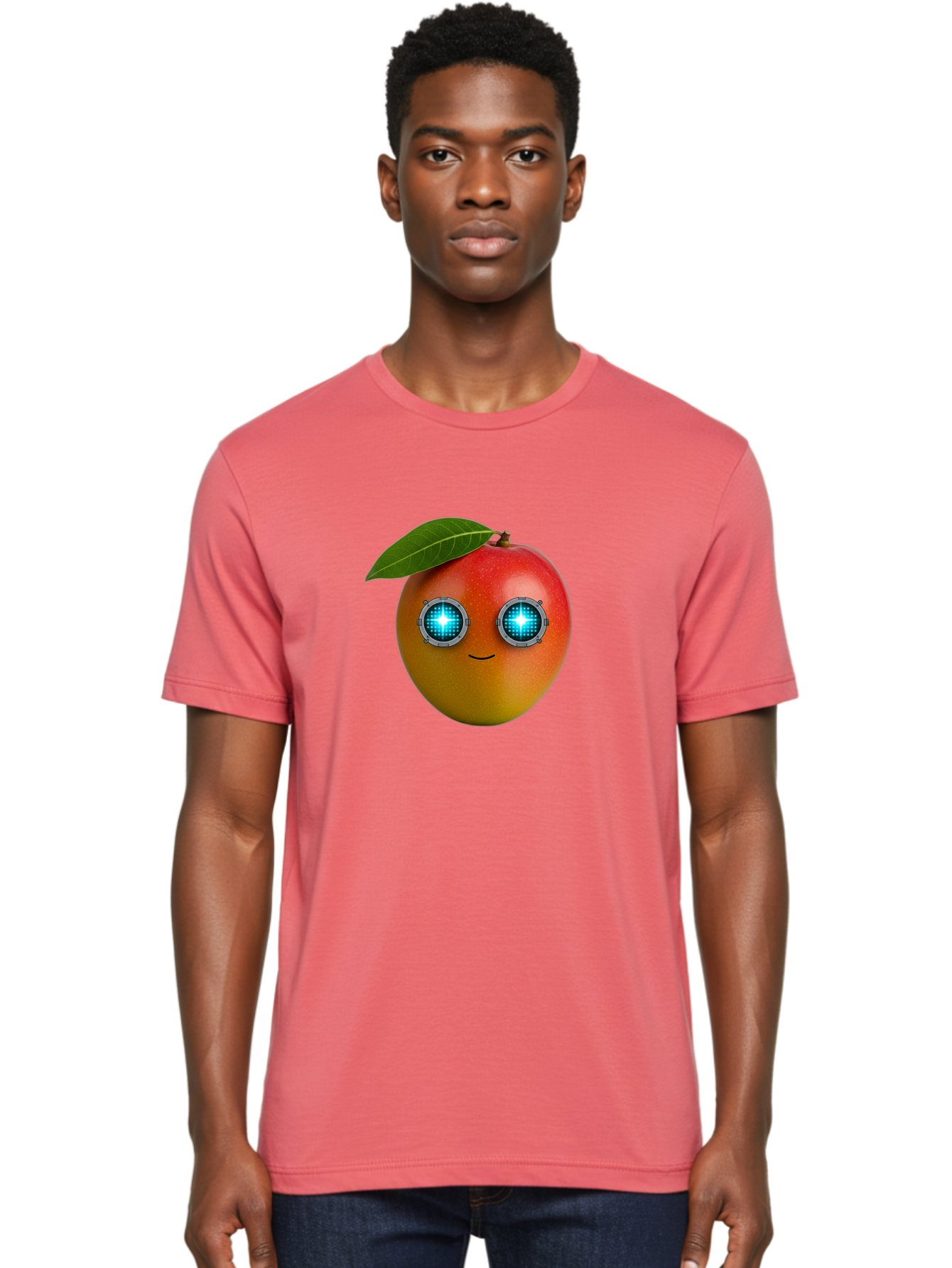 Mango-With-Cyborg-Eyes Men'S Graphic Tee, 100% Cotton, Comfortable Casual Summer Wear, Machine Washable, Mango Fruit, Robotic Eyes, Cyborg Fruit, Digital Eyes, Futuristic Design, Tech-Inspired Artwork, Fruit Character, Robotic Vision, Bac168