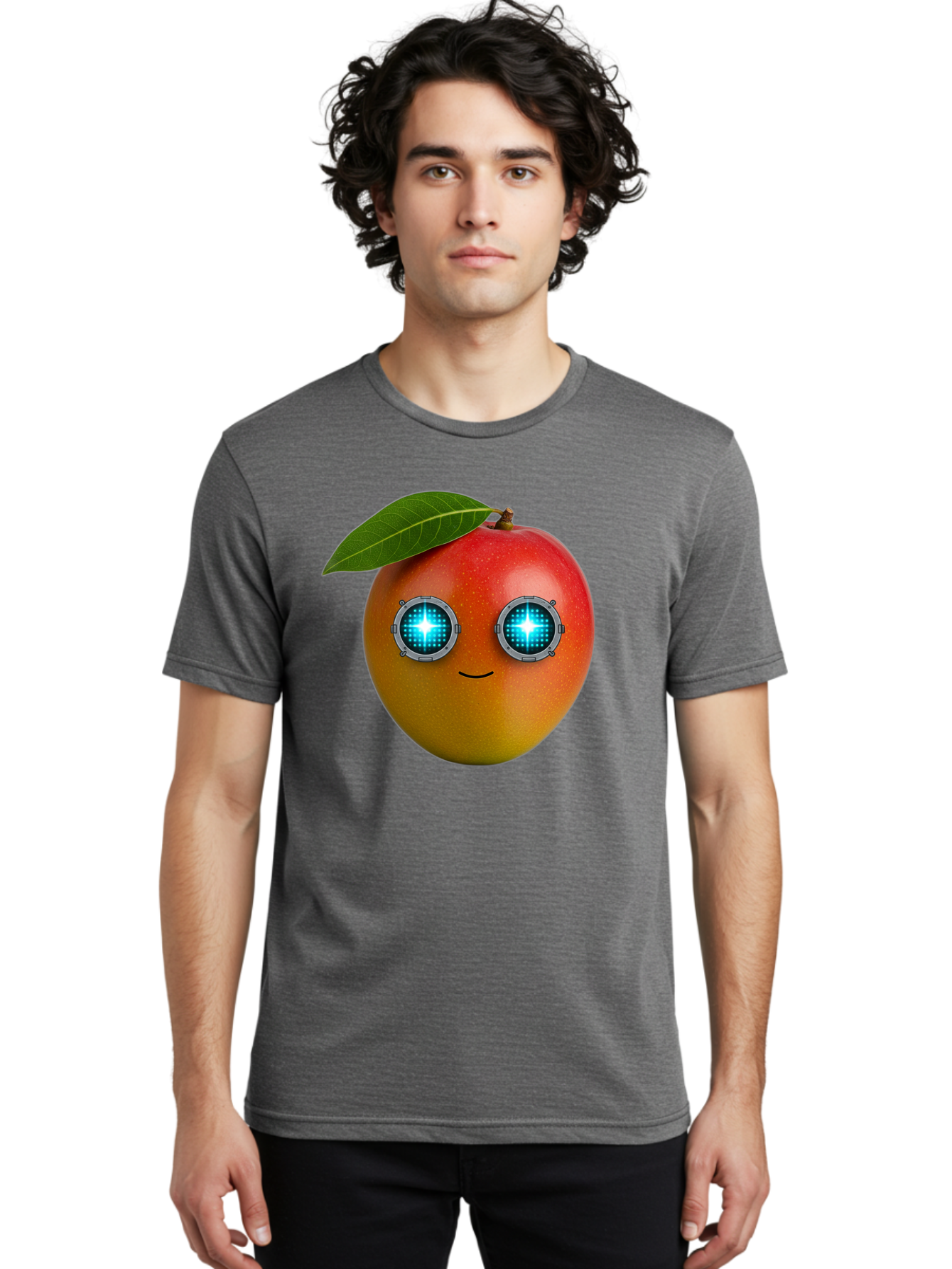 Mango-With-Cyborg-Eyes Men'S Graphic Tee, 100% Cotton, Comfortable Casual Summer Wear, Machine Washable, Mango Fruit, Robotic Eyes, Cyborg Fruit, Digital Eyes, Futuristic Design, Tech-Inspired Artwork, Fruit Character, Robotic Vision, Bac168