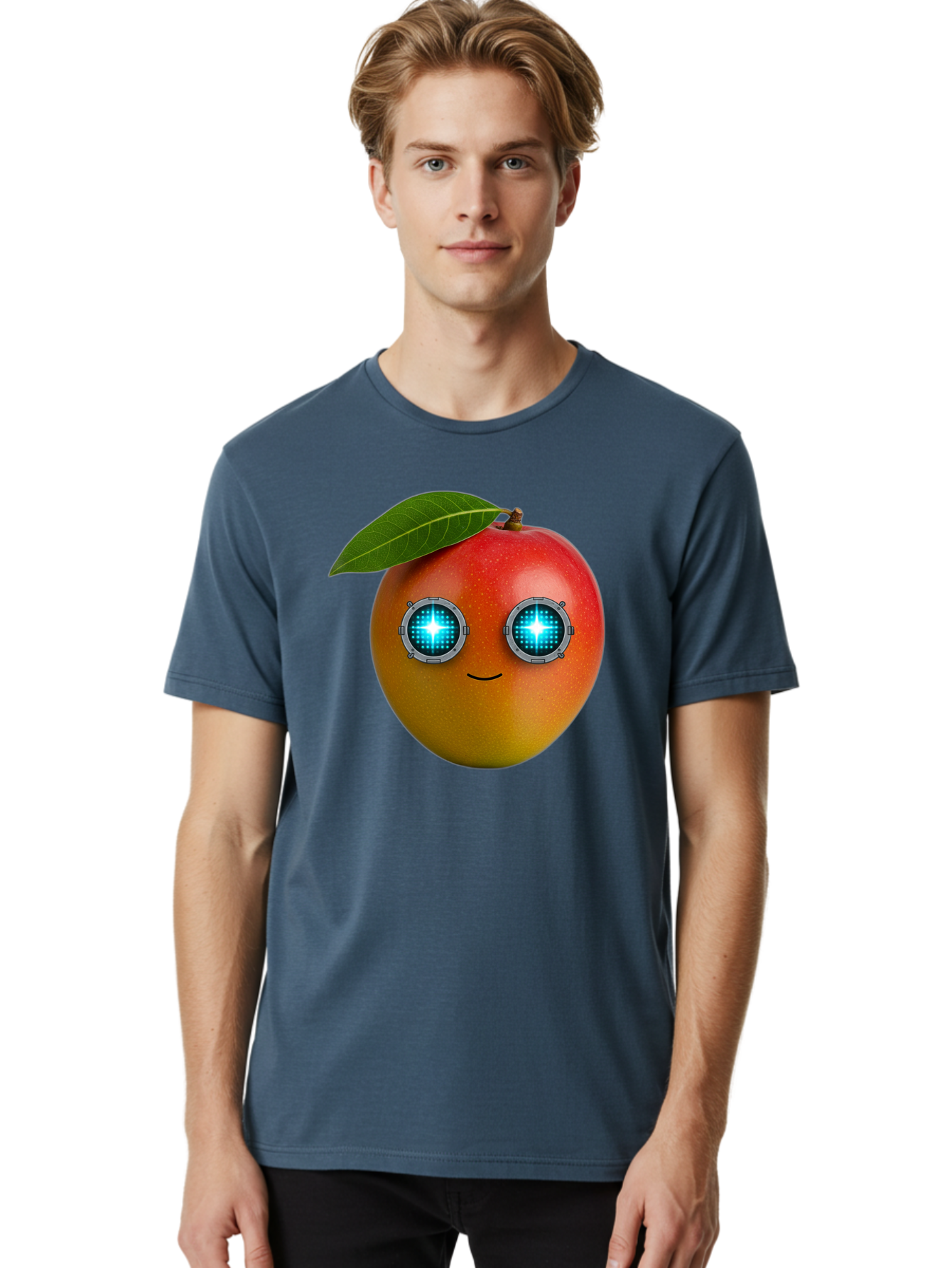 Mango-With-Cyborg-Eyes Men'S Graphic Tee, 100% Cotton, Comfortable Casual Summer Wear, Machine Washable, Mango Fruit, Robotic Eyes, Cyborg Fruit, Digital Eyes, Futuristic Design, Tech-Inspired Artwork, Fruit Character, Robotic Vision, Bac168