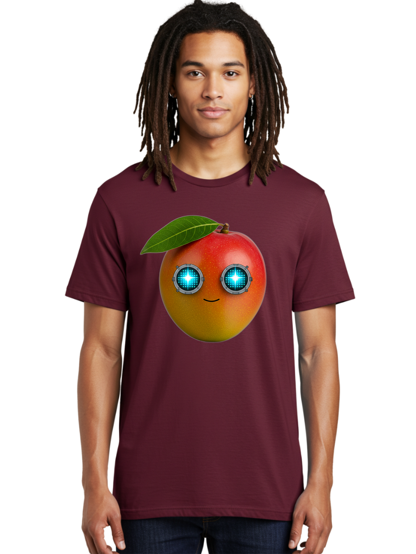 Mango-With-Cyborg-Eyes Men'S Graphic Tee, 100% Cotton, Comfortable Casual Summer Wear, Machine Washable, Mango Fruit, Robotic Eyes, Cyborg Fruit, Digital Eyes, Futuristic Design, Tech-Inspired Artwork, Fruit Character, Robotic Vision, Bac168