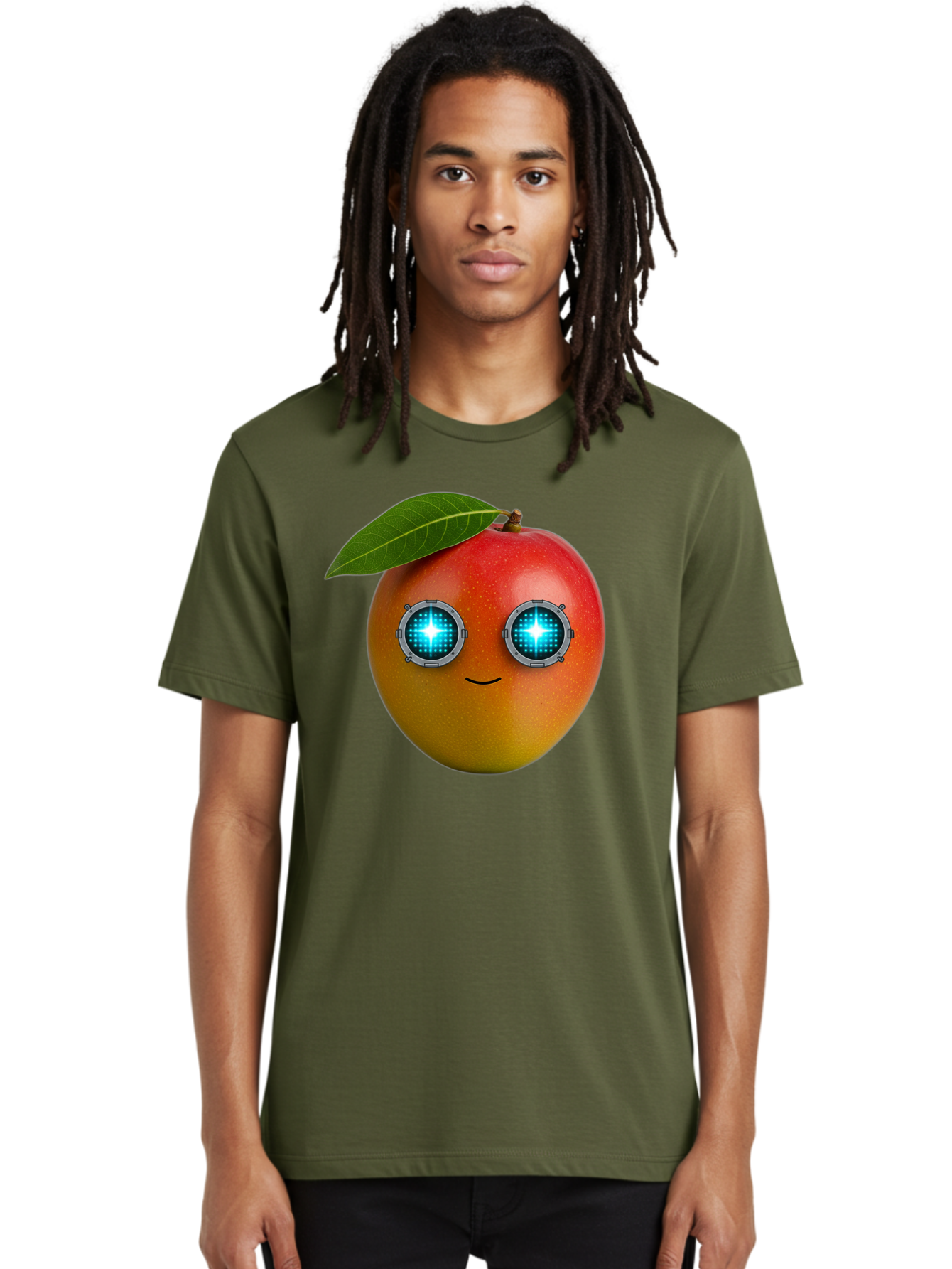 Mango-With-Cyborg-Eyes Men'S Graphic Tee, 100% Cotton, Comfortable Casual Summer Wear, Machine Washable, Mango Fruit, Robotic Eyes, Cyborg Fruit, Digital Eyes, Futuristic Design, Tech-Inspired Artwork, Fruit Character, Robotic Vision, Bac168