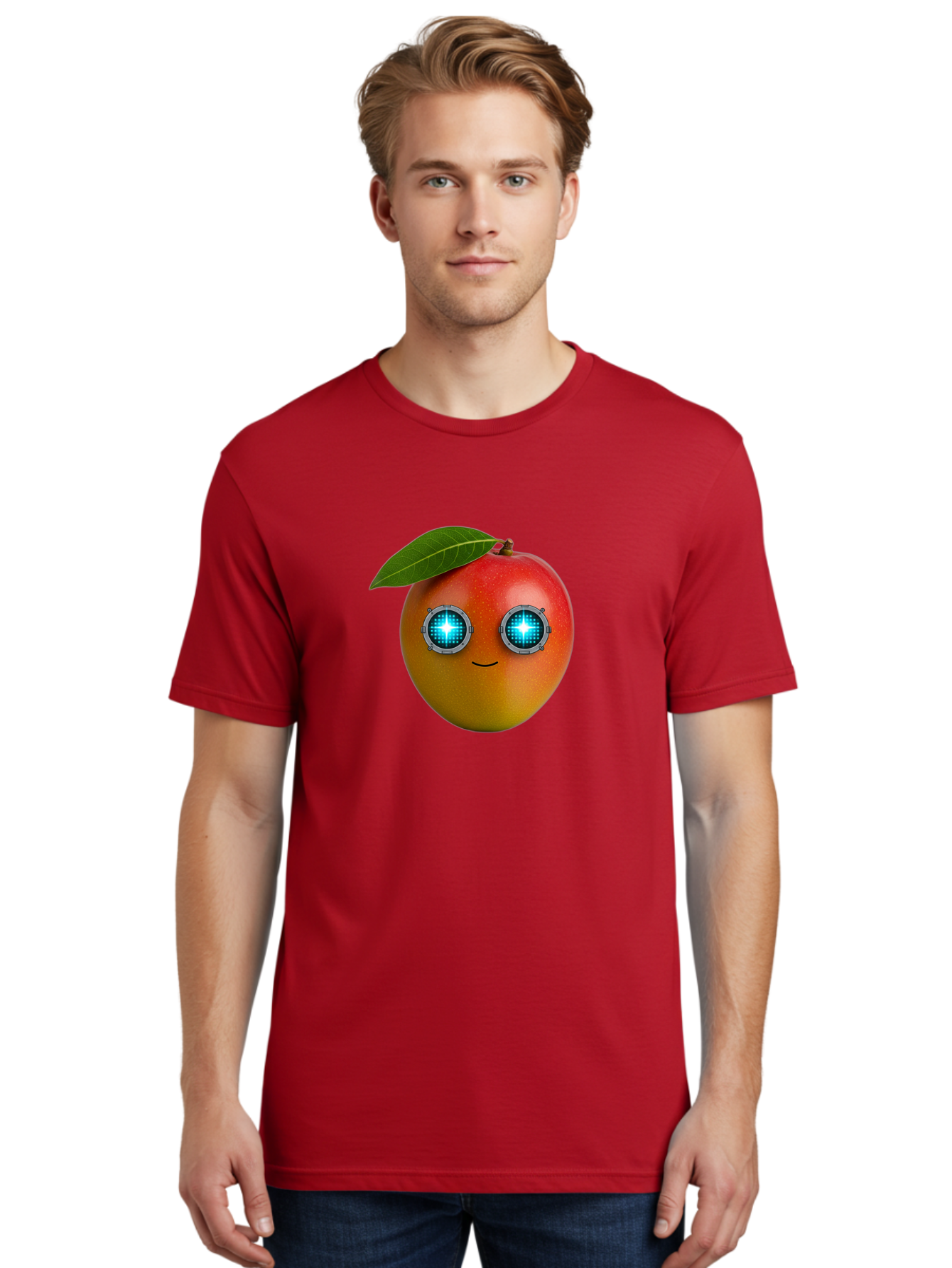 Mango-With-Cyborg-Eyes Men'S Graphic Tee, 100% Cotton, Comfortable Casual Summer Wear, Machine Washable, Mango Fruit, Robotic Eyes, Cyborg Fruit, Digital Eyes, Futuristic Design, Tech-Inspired Artwork, Fruit Character, Robotic Vision, Bac168
