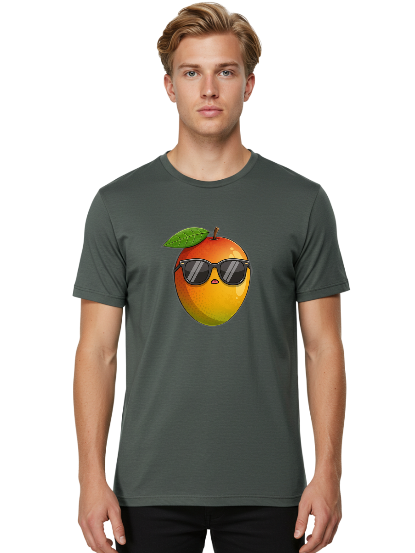 Mango-With-Shades Men'S Graphic Tee, 100% Cotton, Comfortable Casual Summer Wear, Machine Washable, Mango Character, Sunglasses, Leaf, Cartoon Style, Vibrant Colors, Funny Face, Trendy, Summer Vibes, Fruit Illustration, Kawaii Art Bac169