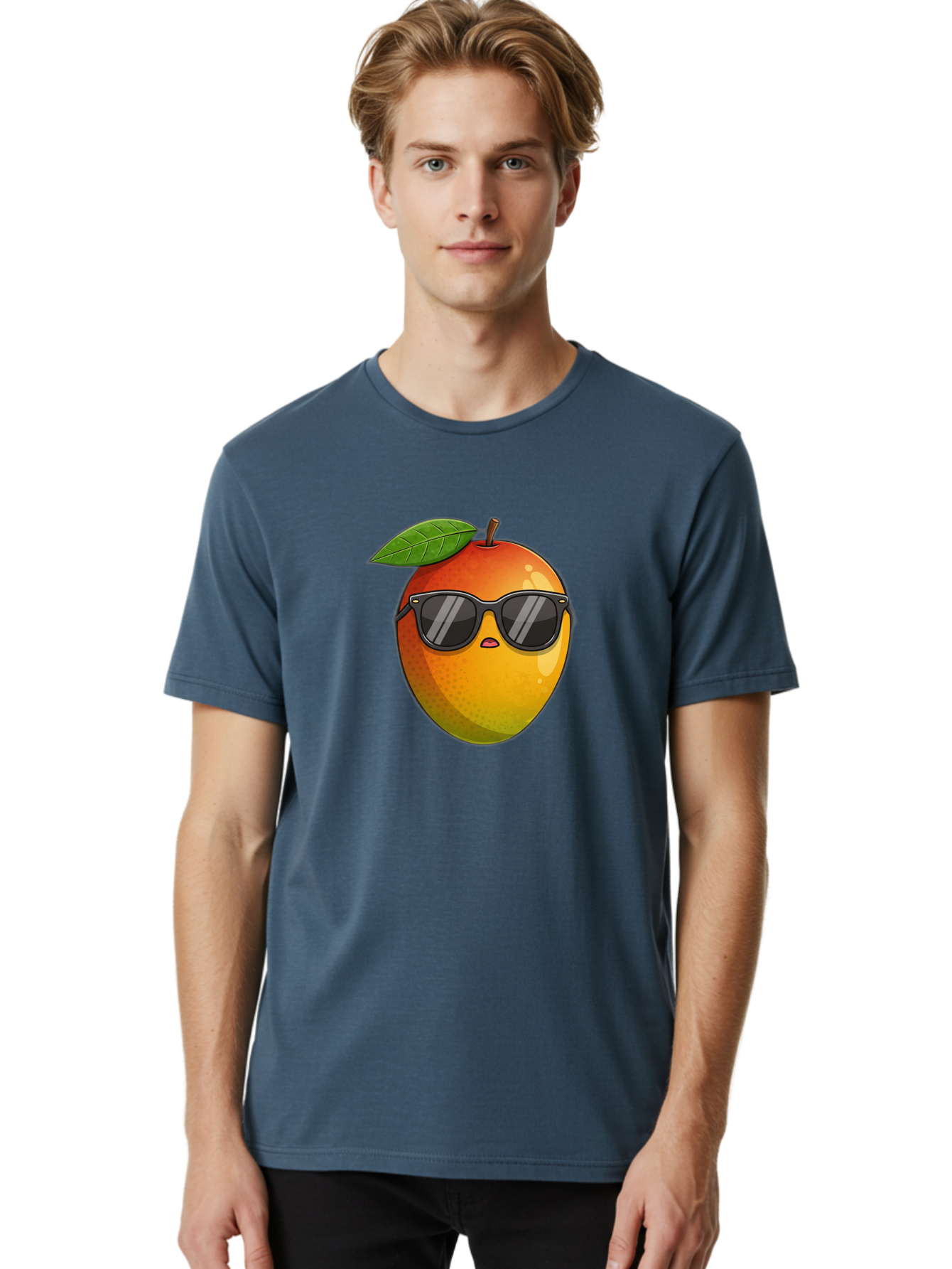 Mango-With-Shades Men'S Graphic Tee, 100% Cotton, Comfortable Casual Summer Wear, Machine Washable, Mango Character, Sunglasses, Leaf, Cartoon Style, Vibrant Colors, Funny Face, Trendy, Summer Vibes, Fruit Illustration, Kawaii Art Bac169
