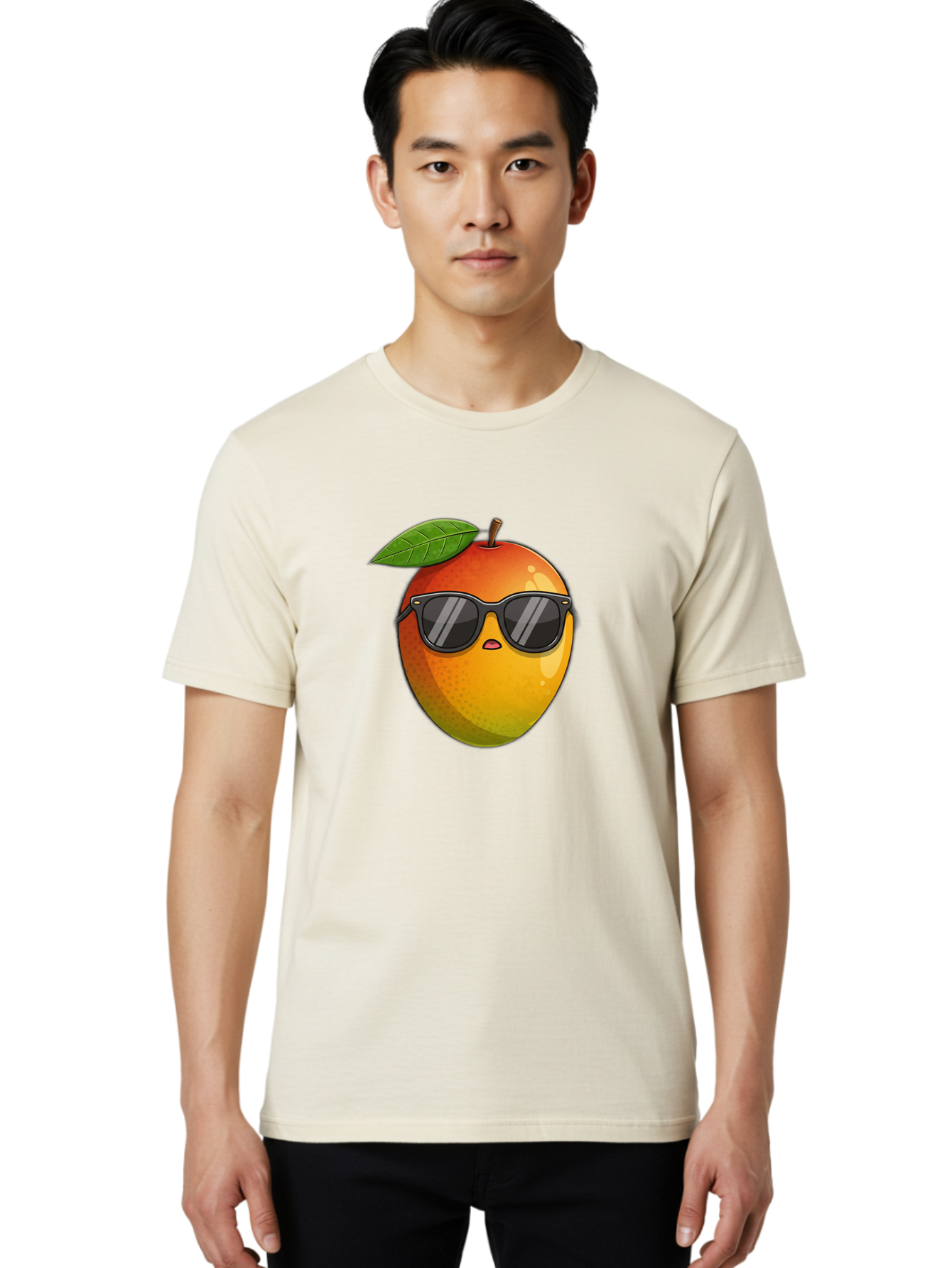 Mango-With-Shades Men'S Graphic Tee, 100% Cotton, Comfortable Casual Summer Wear, Machine Washable, Mango Character, Sunglasses, Leaf, Cartoon Style, Vibrant Colors, Funny Face, Trendy, Summer Vibes, Fruit Illustration, Kawaii Art Bac169