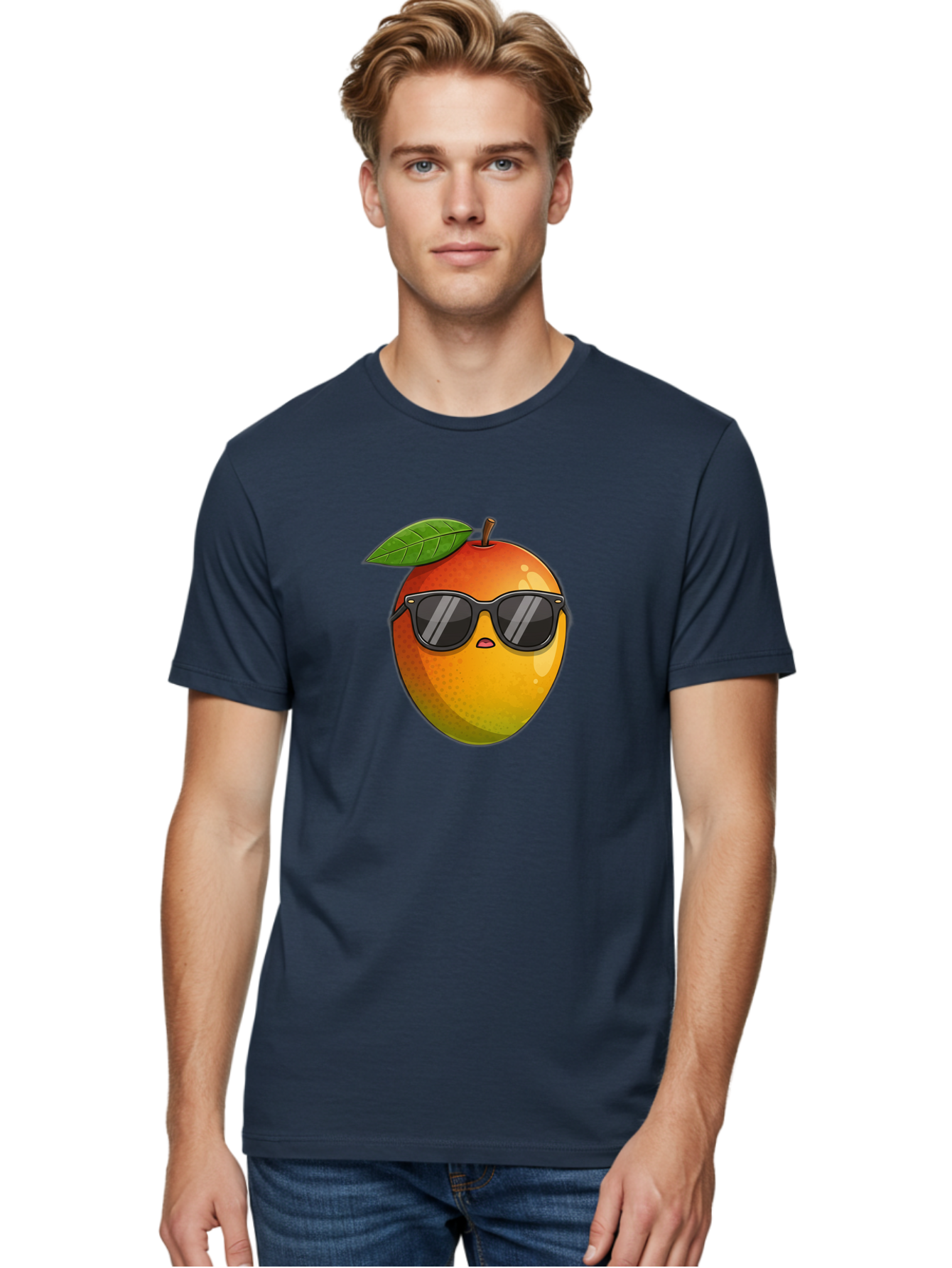 Mango-With-Shades Men'S Graphic Tee, 100% Cotton, Comfortable Casual Summer Wear, Machine Washable, Mango Character, Sunglasses, Leaf, Cartoon Style, Vibrant Colors, Funny Face, Trendy, Summer Vibes, Fruit Illustration, Kawaii Art Bac169
