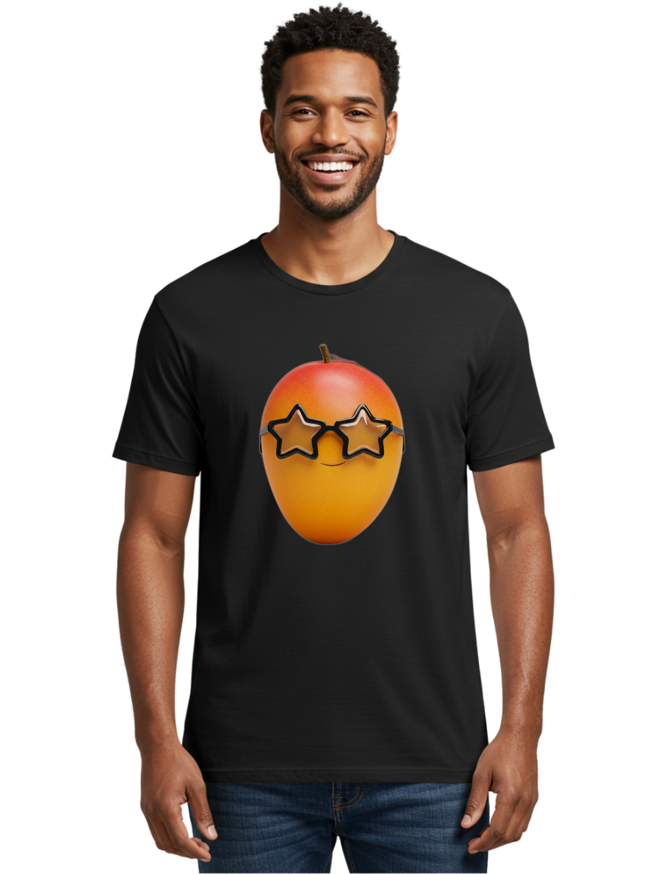 Mango-With-Star-Sunglasses Men'S Graphic Tee, 100% Cotton, Comfortable Casual Summer Wear, Machine Washable, Mango Fruit, Star-Shaped Sunglasses, Cool And Trendy, Vibrant Colors, Playful Vibe, Summer Vibes, Tropical Feel, Fresh Produce, Bac170