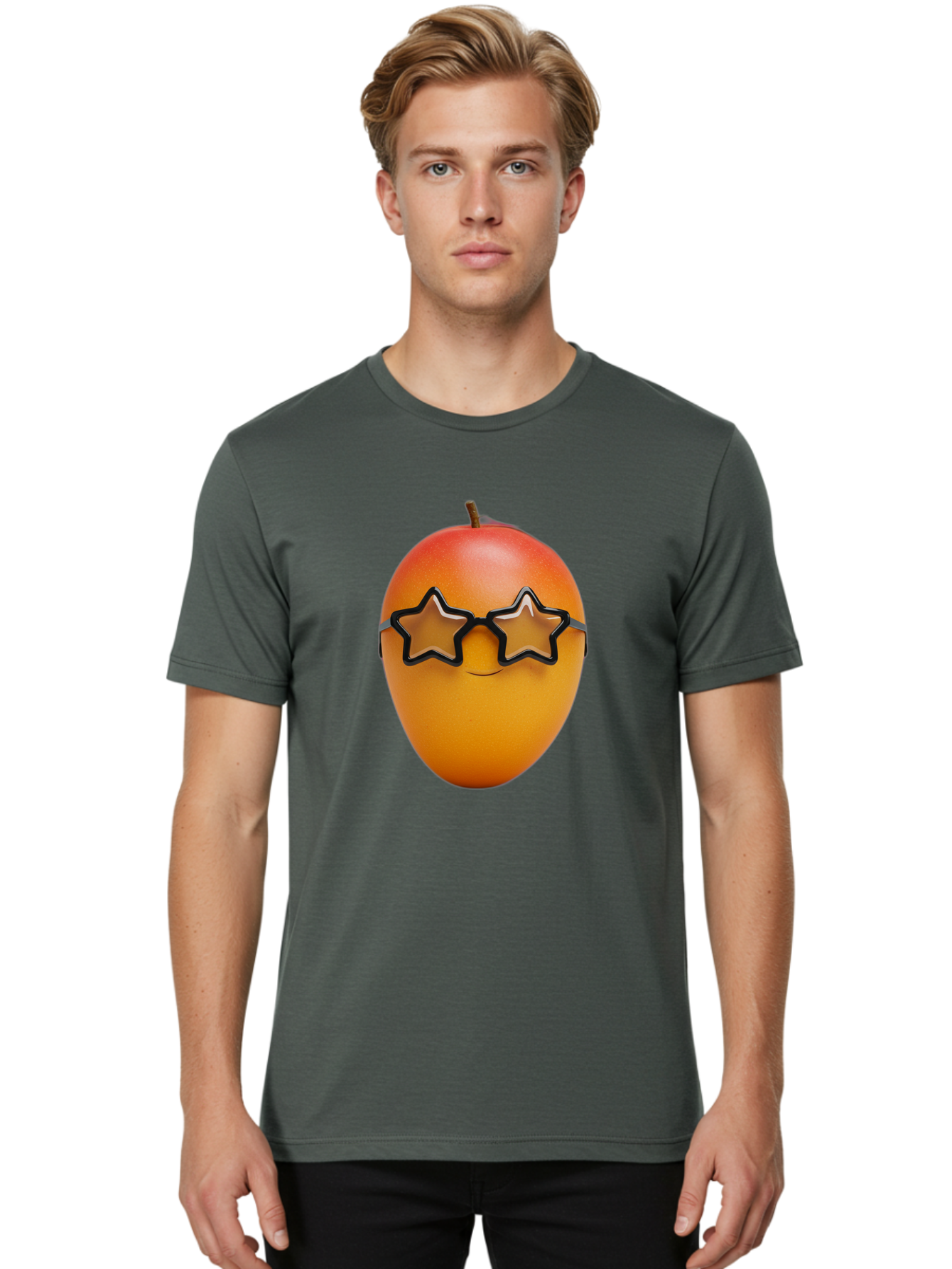 Mango-With-Star-Sunglasses Men'S Graphic Tee, 100% Cotton, Comfortable Casual Summer Wear, Machine Washable, Mango Fruit, Star-Shaped Sunglasses, Cool And Trendy, Vibrant Colors, Playful Vibe, Summer Vibes, Tropical Feel, Fresh Produce, Bac170