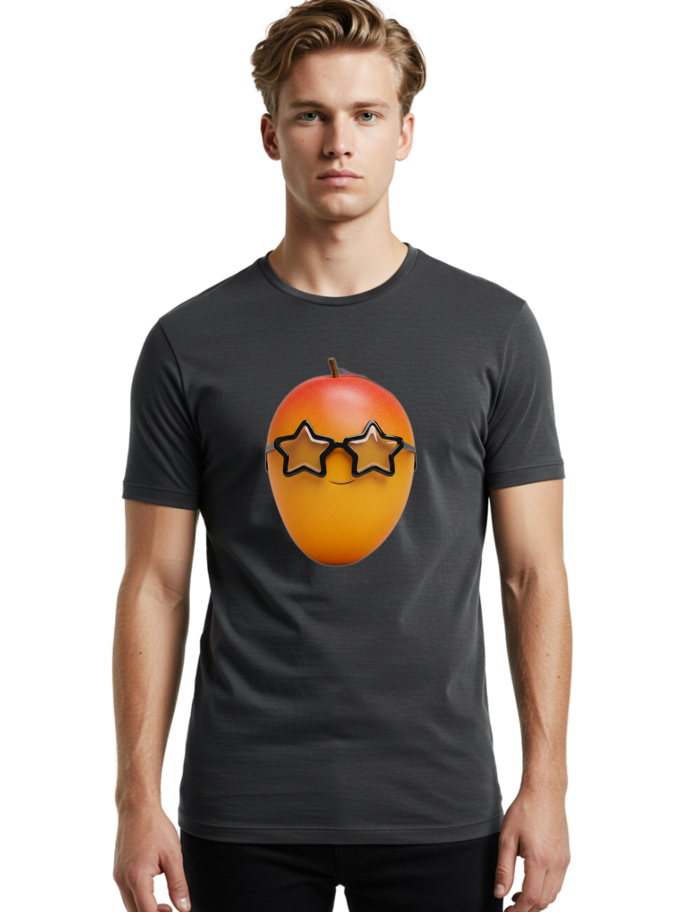 Mango-With-Star-Sunglasses Men'S Graphic Tee, 100% Cotton, Comfortable Casual Summer Wear, Machine Washable, Mango Fruit, Star-Shaped Sunglasses, Cool And Trendy, Vibrant Colors, Playful Vibe, Summer Vibes, Tropical Feel, Fresh Produce, Bac170