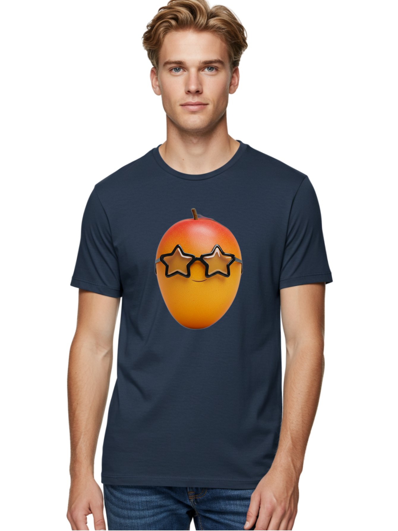 Mango-With-Star-Sunglasses Men'S Graphic Tee, 100% Cotton, Comfortable Casual Summer Wear, Machine Washable, Mango Fruit, Star-Shaped Sunglasses, Cool And Trendy, Vibrant Colors, Playful Vibe, Summer Vibes, Tropical Feel, Fresh Produce, Bac170