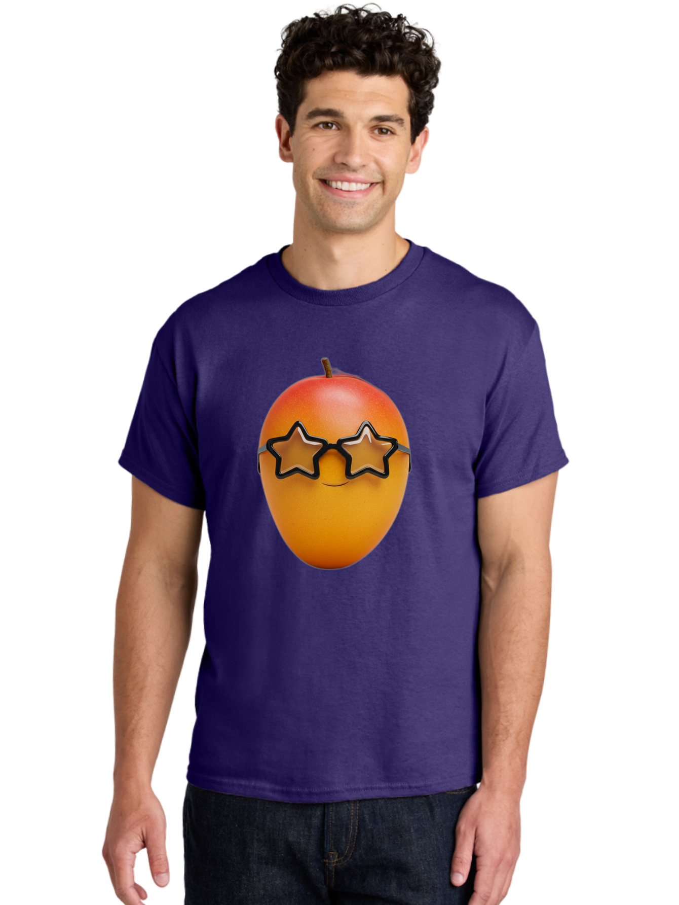 Mango-With-Star-Sunglasses Men'S Graphic Tee, 100% Cotton, Comfortable Casual Summer Wear, Machine Washable, Mango Fruit, Star-Shaped Sunglasses, Cool And Trendy, Vibrant Colors, Playful Vibe, Summer Vibes, Tropical Feel, Fresh Produce, Bac170