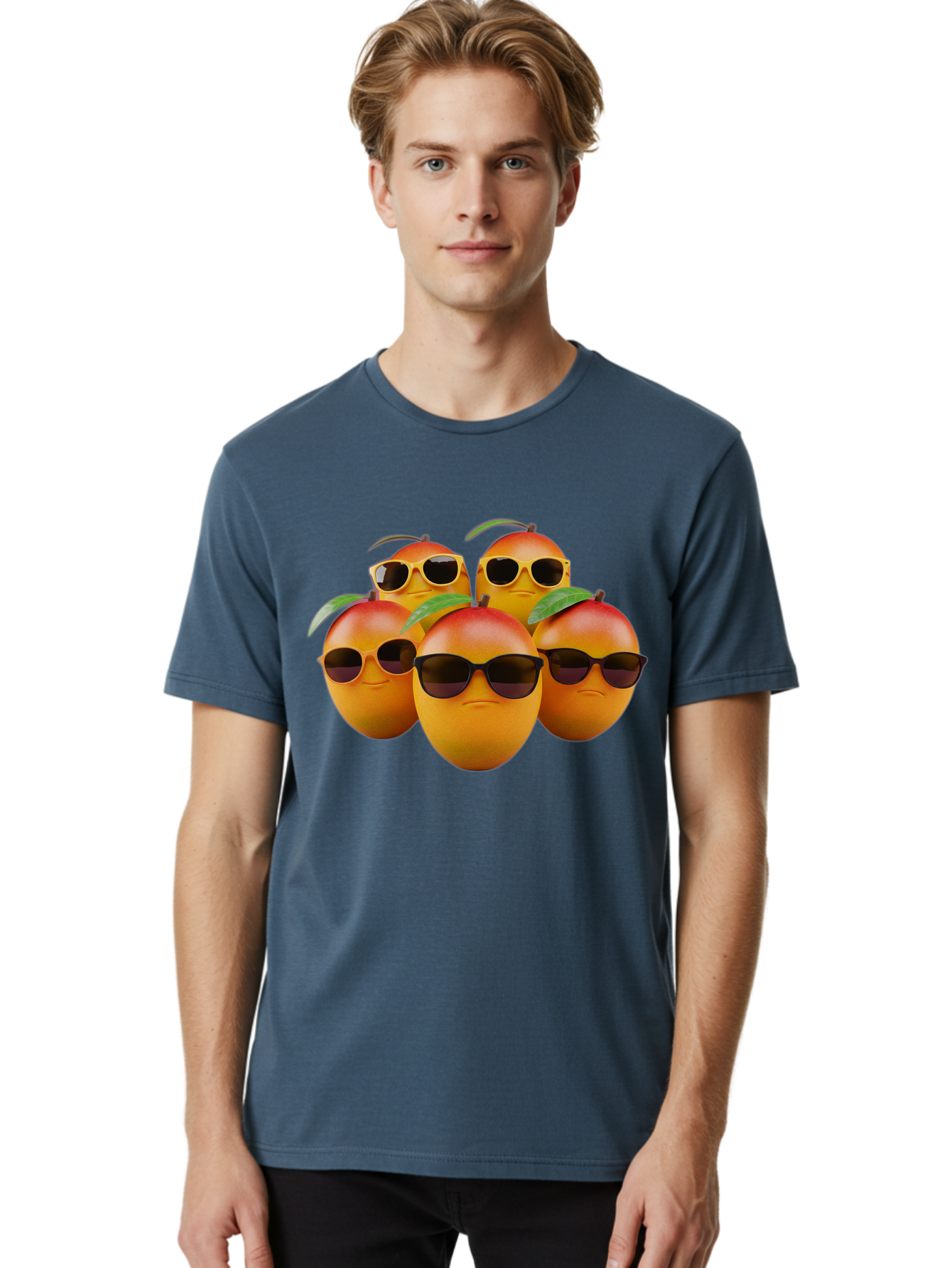 Mangoes-With-Sunglasses Men'S Graphic Tee, 100% Cotton, Comfortable Casual Summer Wear, Machine Washable, Mangoes Wearing Sunglasses, Cool Fruit, Summer Vibes, Cartoon Characters, Funny Faces, Vibrant Colors, Playful Design, Tropical Feel Bac172