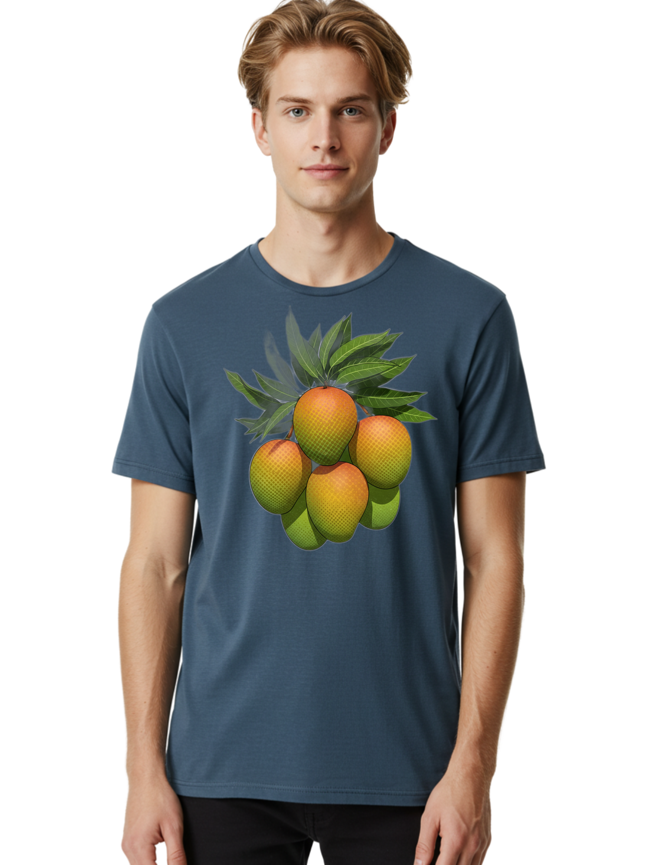 Mangoes Men'S Graphic Tee, 100% Cotton, Comfortable Casual Summer Wear, Machine Washable, Mangoes With Leaves, Tropical Fruit, Exotic Fruit, Fruit Cluster, Yellow-Orange Fruit, Green Leaves, Fruit Texture, Fruit Leaves, Vibrant Fruit Bac173