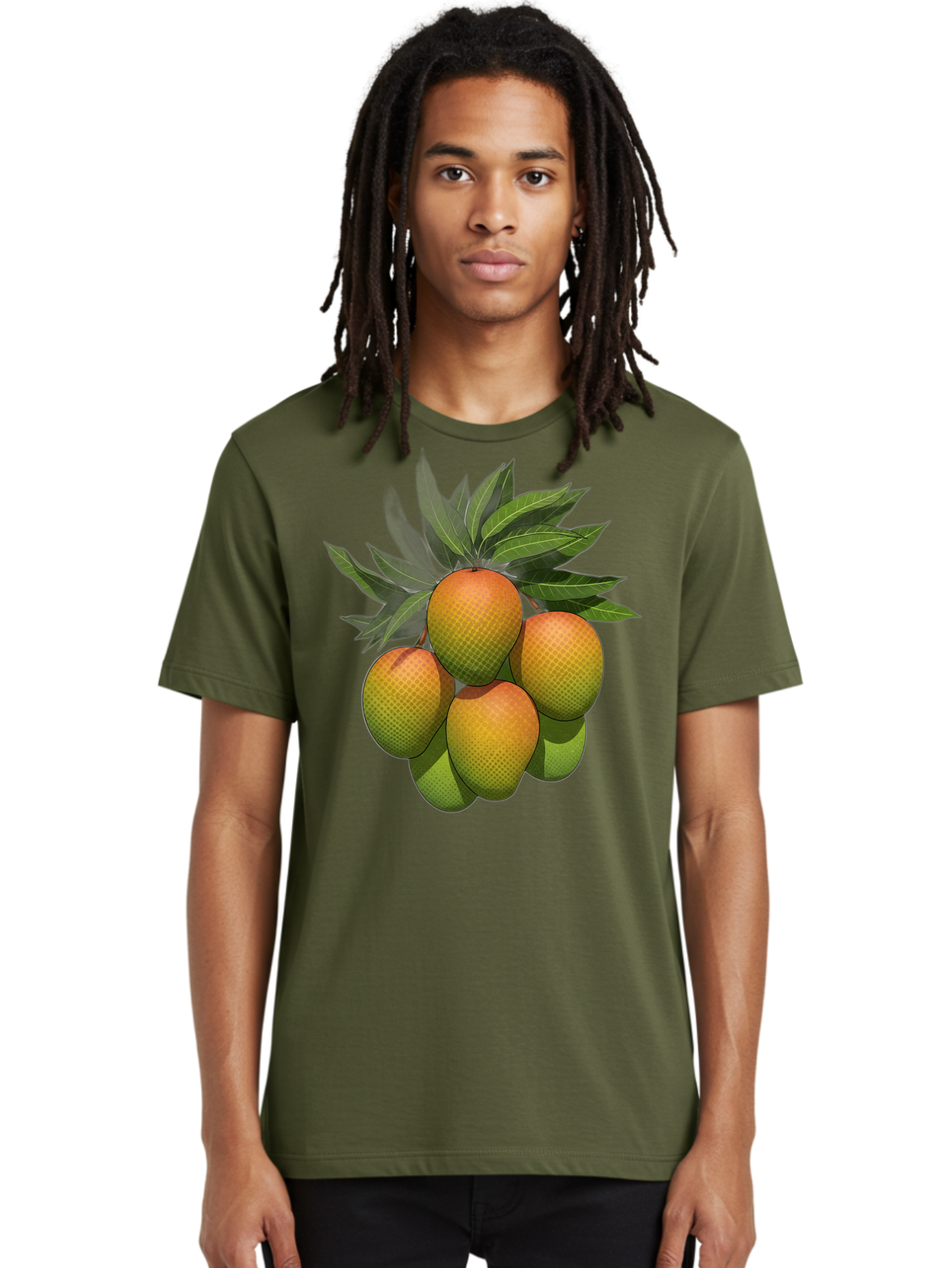 Mangoes Men'S Graphic Tee, 100% Cotton, Comfortable Casual Summer Wear, Machine Washable, Mangoes With Leaves, Tropical Fruit, Exotic Fruit, Fruit Cluster, Yellow-Orange Fruit, Green Leaves, Fruit Texture, Fruit Leaves, Vibrant Fruit Bac173