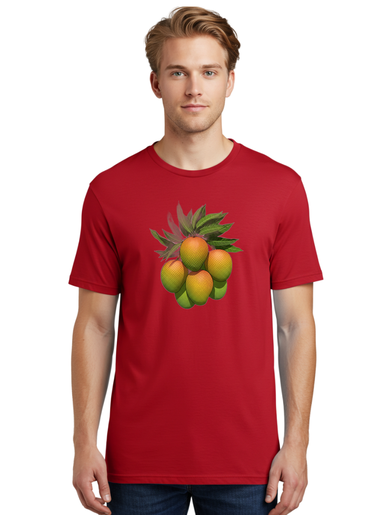 Mangoes Men'S Graphic Tee, 100% Cotton, Comfortable Casual Summer Wear, Machine Washable, Mangoes With Leaves, Tropical Fruit, Exotic Fruit, Fruit Cluster, Yellow-Orange Fruit, Green Leaves, Fruit Texture, Fruit Leaves, Vibrant Fruit Bac173