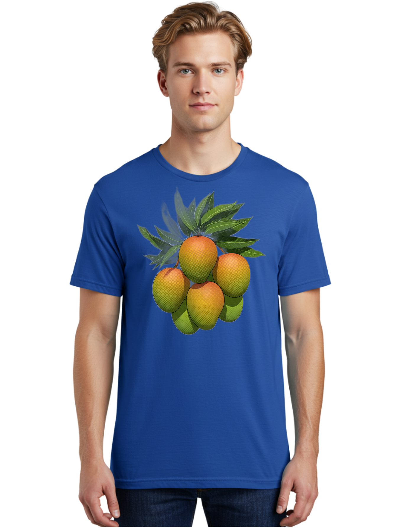 Mangoes Men'S Graphic Tee, 100% Cotton, Comfortable Casual Summer Wear, Machine Washable, Mangoes With Leaves, Tropical Fruit, Exotic Fruit, Fruit Cluster, Yellow-Orange Fruit, Green Leaves, Fruit Texture, Fruit Leaves, Vibrant Fruit Bac173