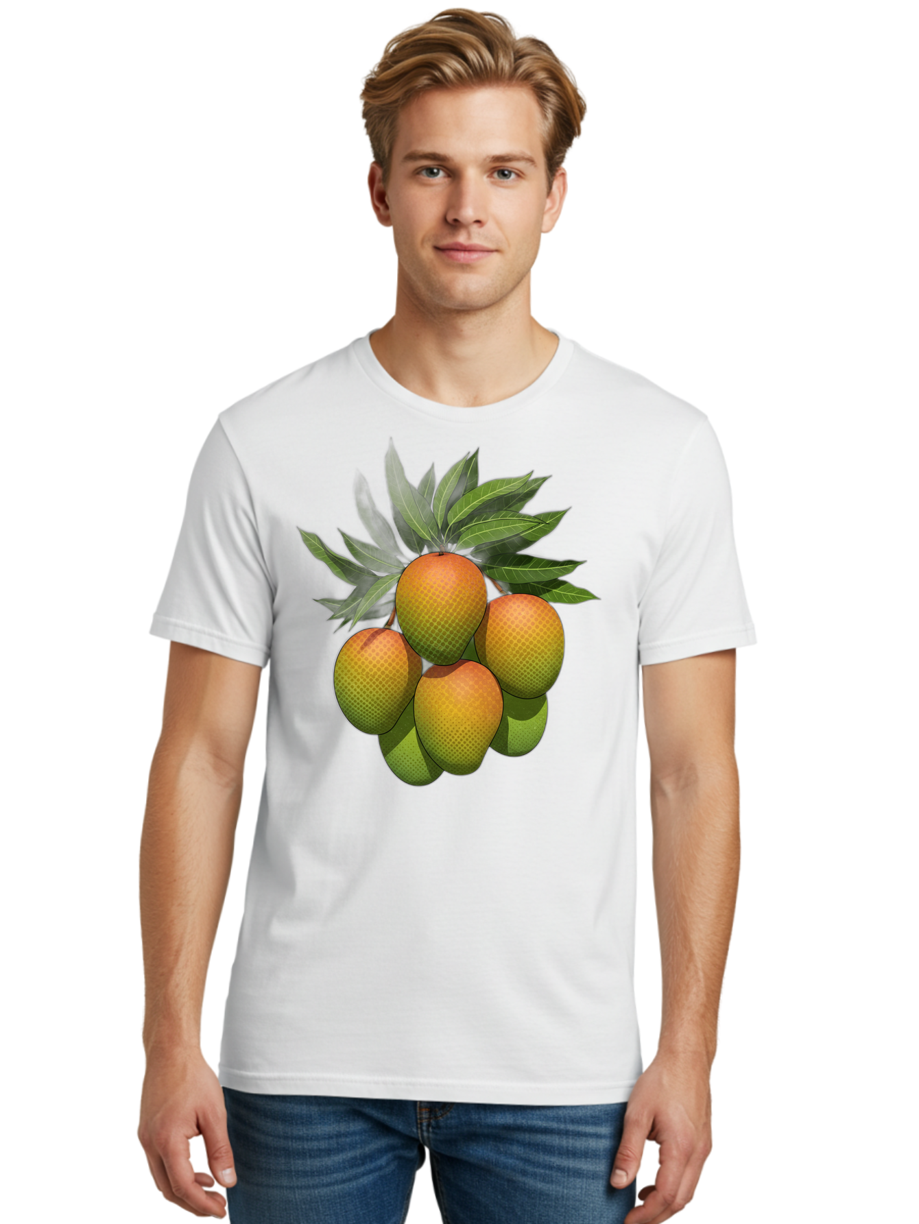 Mangoes Men'S Graphic Tee, 100% Cotton, Comfortable Casual Summer Wear, Machine Washable, Mangoes With Leaves, Tropical Fruit, Exotic Fruit, Fruit Cluster, Yellow-Orange Fruit, Green Leaves, Fruit Texture, Fruit Leaves, Vibrant Fruit Bac173