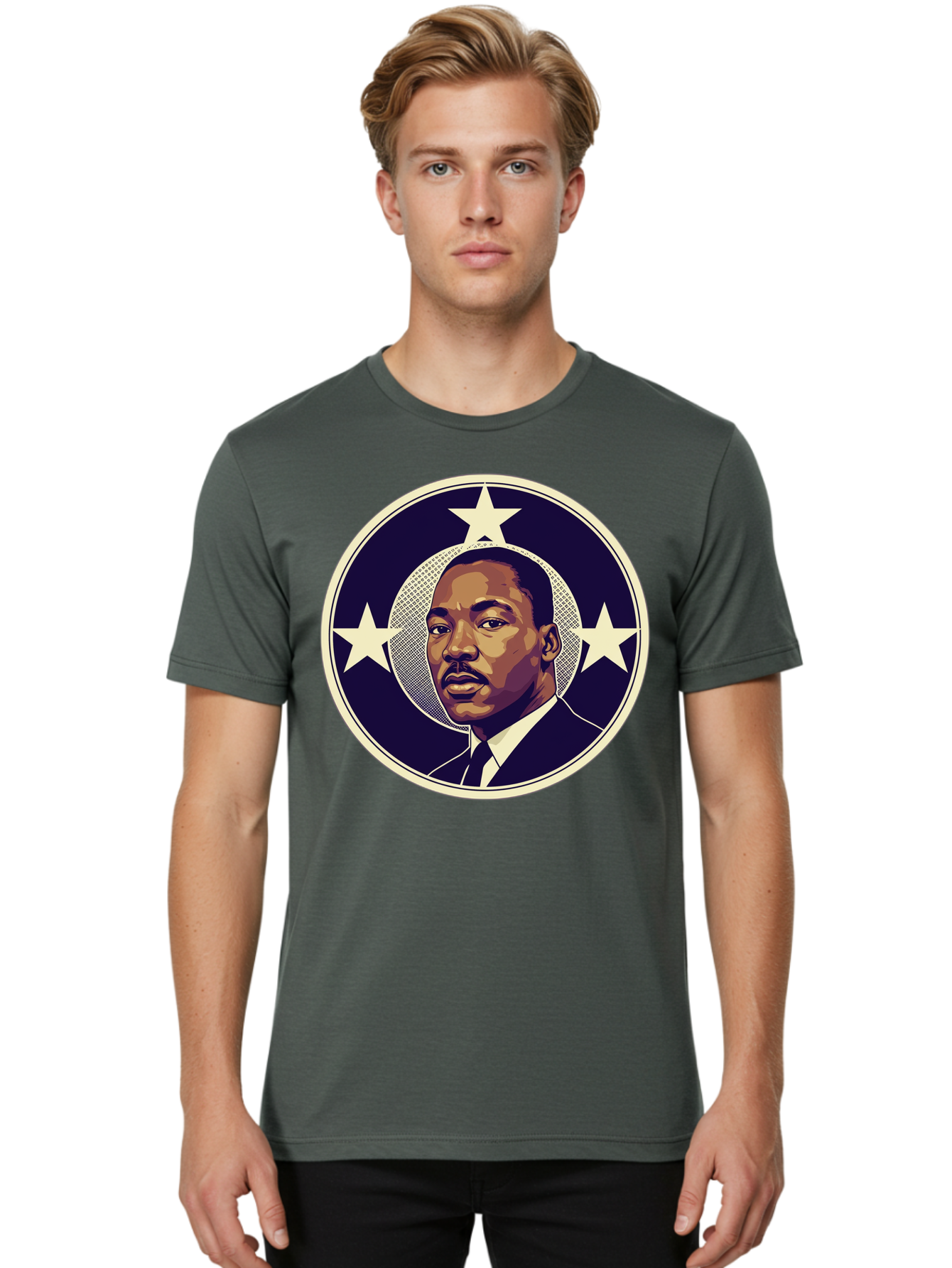 Martin-Luther-King-Jr-1 Men'S Graphic Tee, 100% Cotton, Comfortable Casual Summer Wear, Machine Washable, Martin Luther King Jr. Portrait, Civil Rights Leader, Three Stars, Circular Frame, Vintage Design, Iconic Figure, Inspirational Leader, Bac175