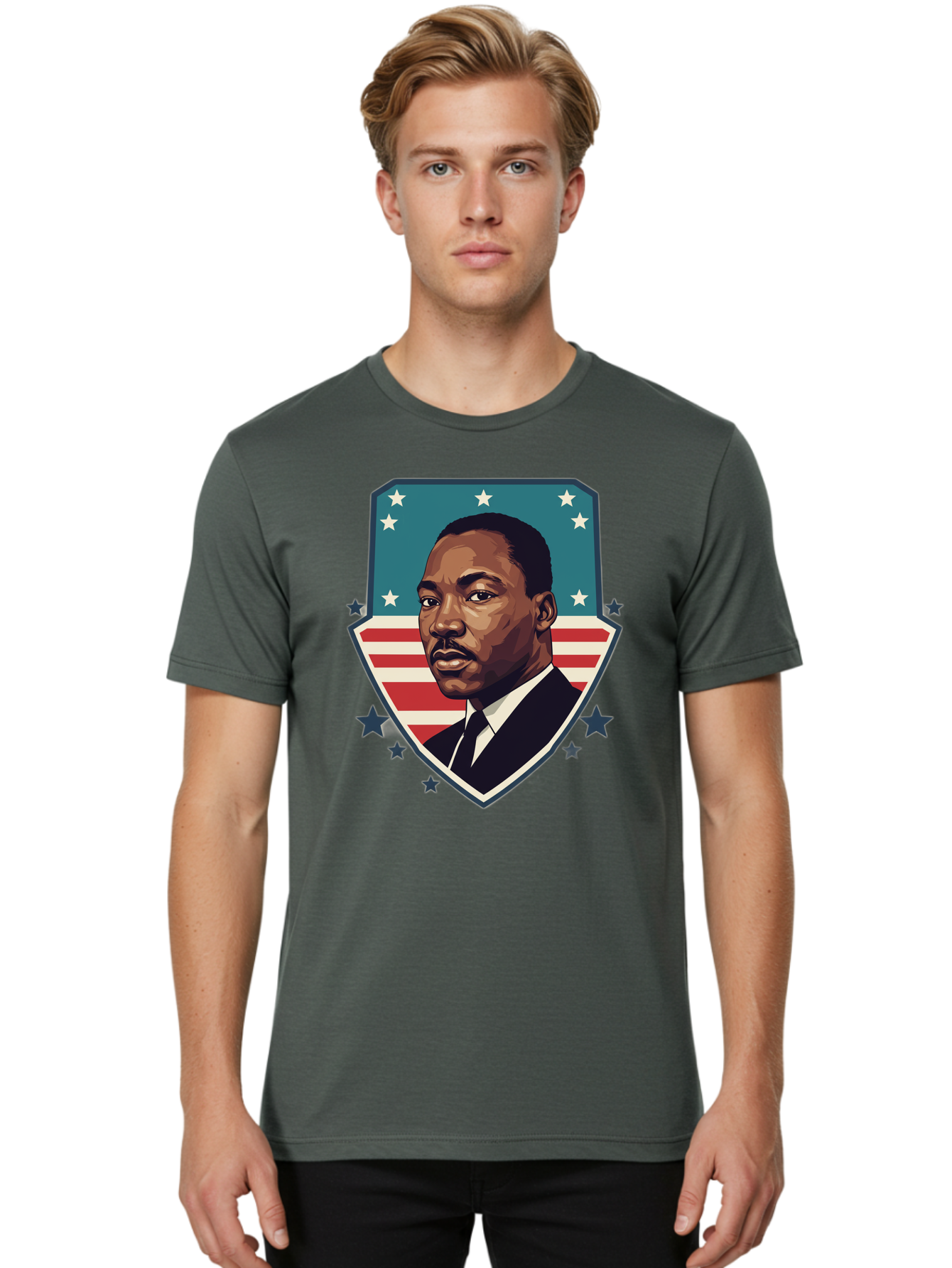 Martin-Luther-King-Jr-3 Men'S Graphic Tee, 100% Cotton, Comfortable Casual Summer Wear, Machine Washable, Martin Luther King Jr. Portrait, American Flag, Patriotic Graphic, Civil Rights Leader, Freedom Fighter, Social Justice, Equality, Bac177