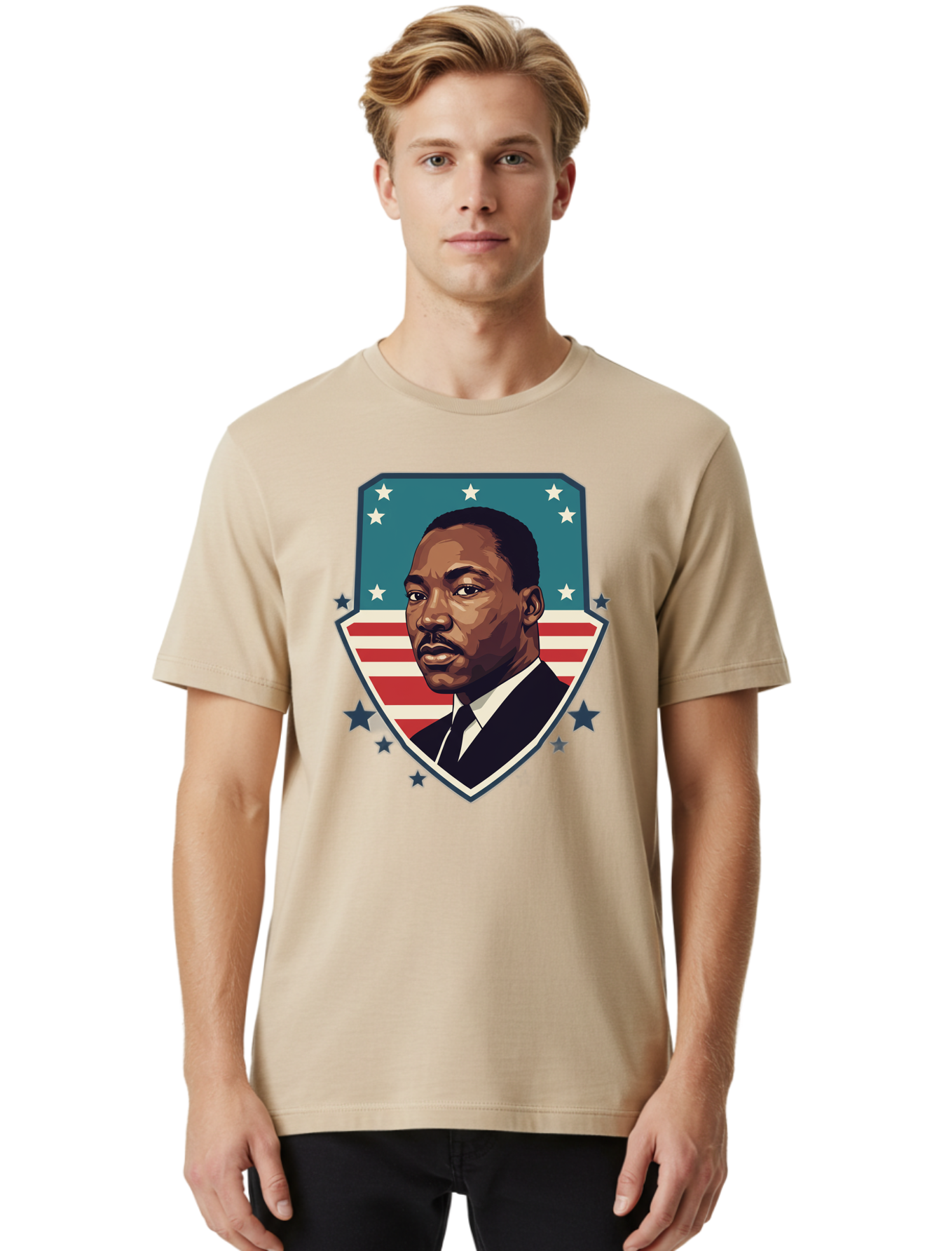 Martin-Luther-King-Jr-3 Men'S Graphic Tee, 100% Cotton, Comfortable Casual Summer Wear, Machine Washable, Martin Luther King Jr. Portrait, American Flag, Patriotic Graphic, Civil Rights Leader, Freedom Fighter, Social Justice, Equality, Bac177