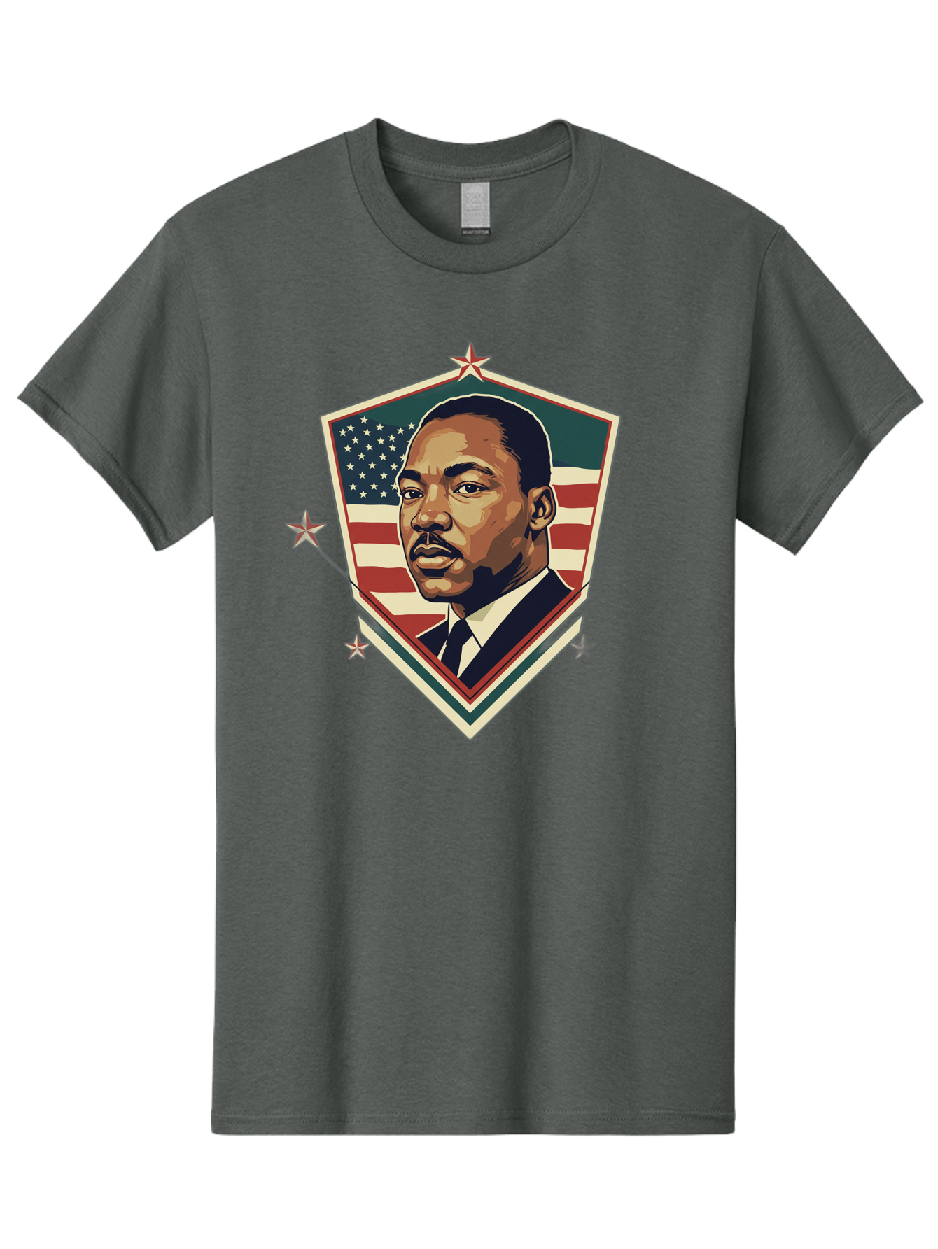 Martin-Luther-King-Jr-Shield Men'S Graphic Tee, 100% Cotton, Comfortable Casual Summer Wear, Machine Washable, Martin Luther King Jr. Portrait, American Flag, Patriotic Symbol, Civil Rights Leader, Iconic Figure, Freedom Fighter, Bac178