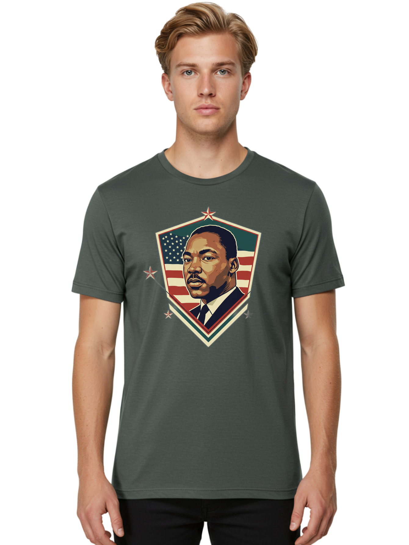 Martin-Luther-King-Jr-Shield Men'S Graphic Tee, 100% Cotton, Comfortable Casual Summer Wear, Machine Washable, Martin Luther King Jr. Portrait, American Flag, Patriotic Symbol, Civil Rights Leader, Iconic Figure, Freedom Fighter, Bac178