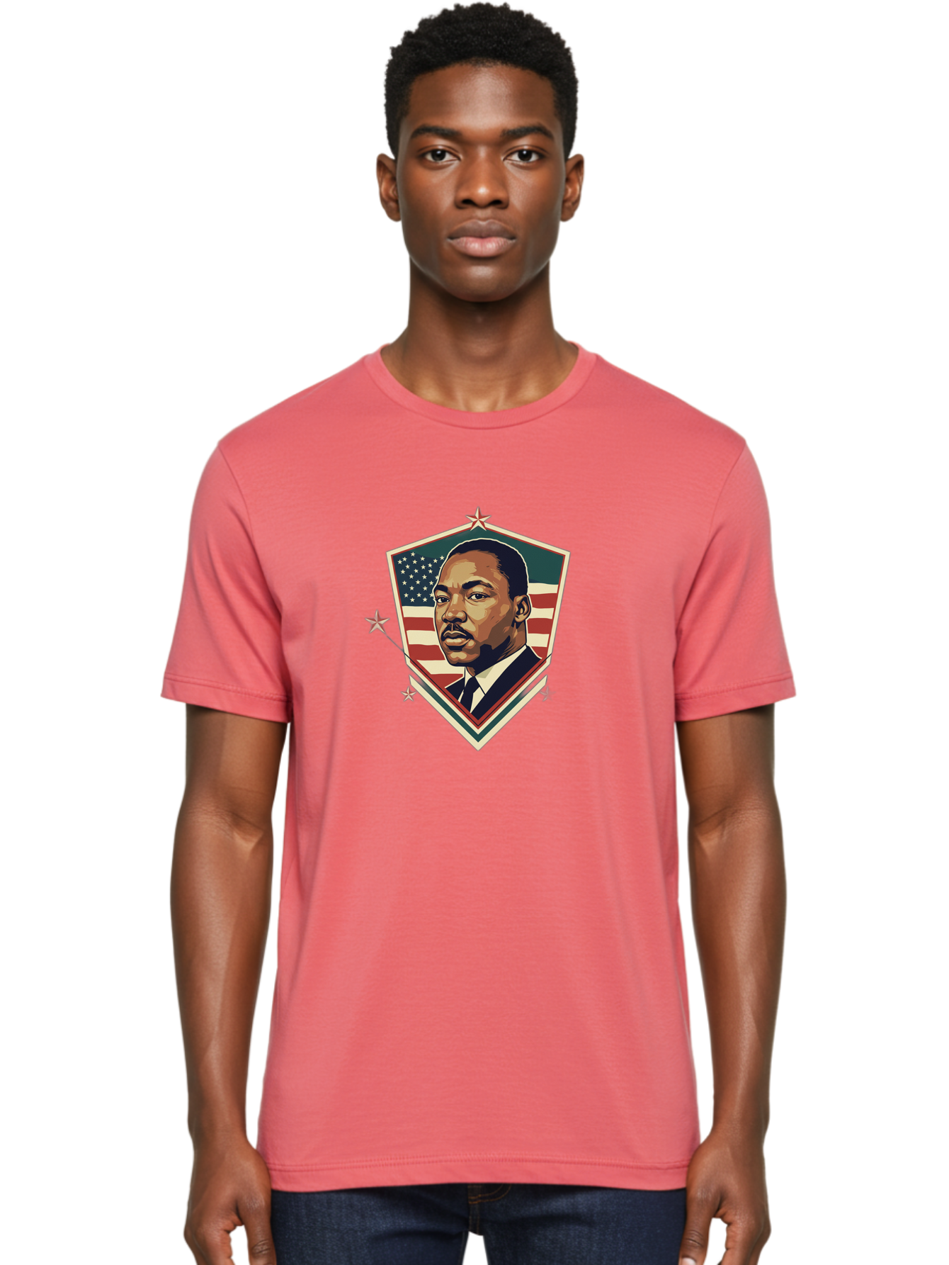 Martin-Luther-King-Jr-Shield Men'S Graphic Tee, 100% Cotton, Comfortable Casual Summer Wear, Machine Washable, Martin Luther King Jr. Portrait, American Flag, Patriotic Symbol, Civil Rights Leader, Iconic Figure, Freedom Fighter, Bac178