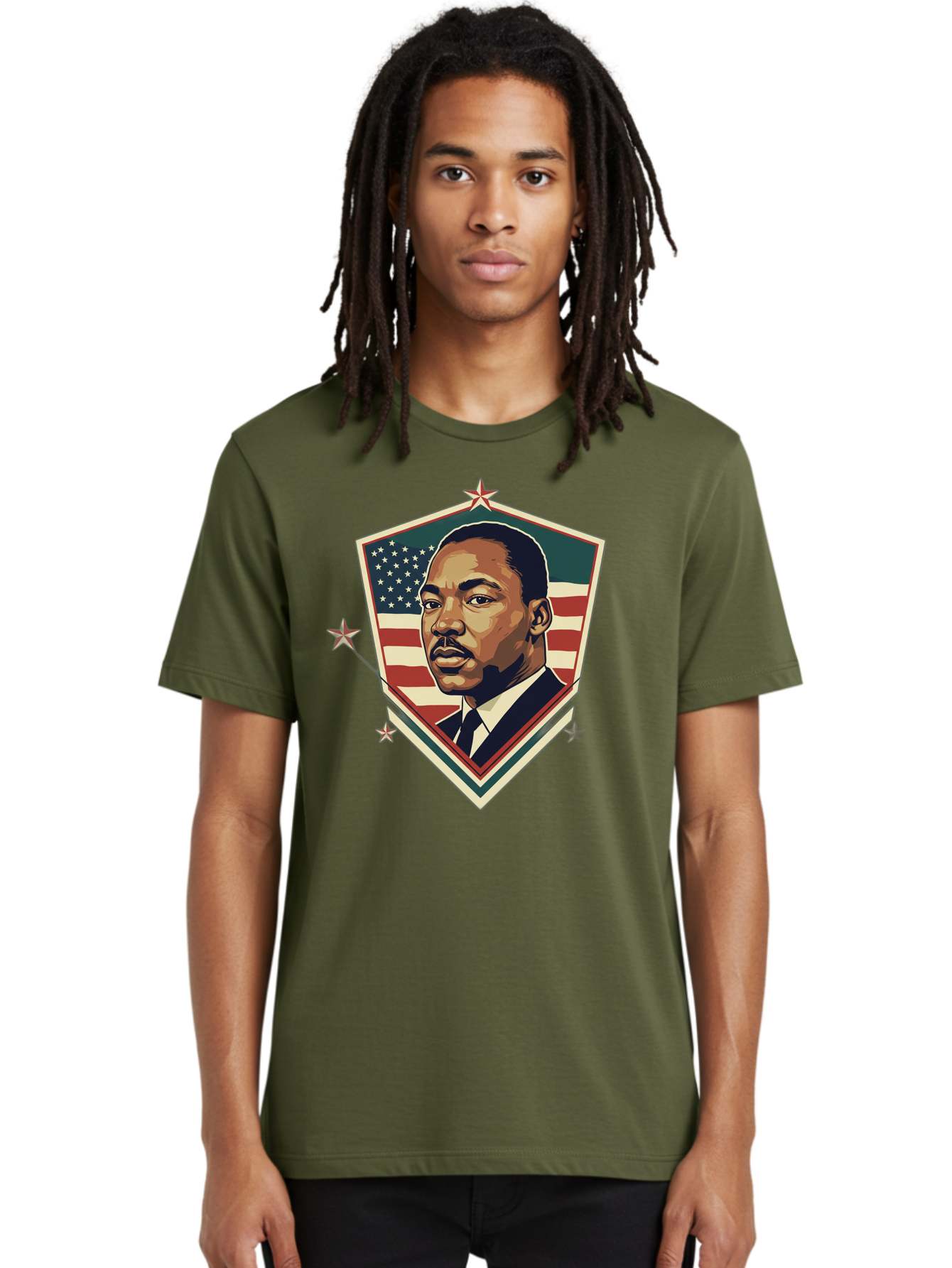 Martin-Luther-King-Jr-Shield Men'S Graphic Tee, 100% Cotton, Comfortable Casual Summer Wear, Machine Washable, Martin Luther King Jr. Portrait, American Flag, Patriotic Symbol, Civil Rights Leader, Iconic Figure, Freedom Fighter, Bac178